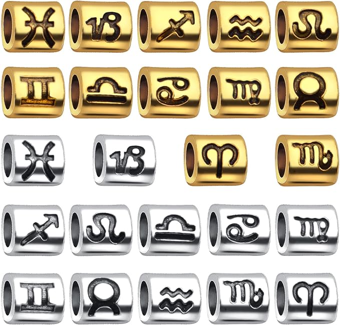 Hmjpng 72pcs Zodiac Sign Spacer Beads Alloy 12 Constellations Tube Horoscope Beads with 4.7 mm Large Hole for European Bracelet DIY Jewelry Making, Golden and Silver