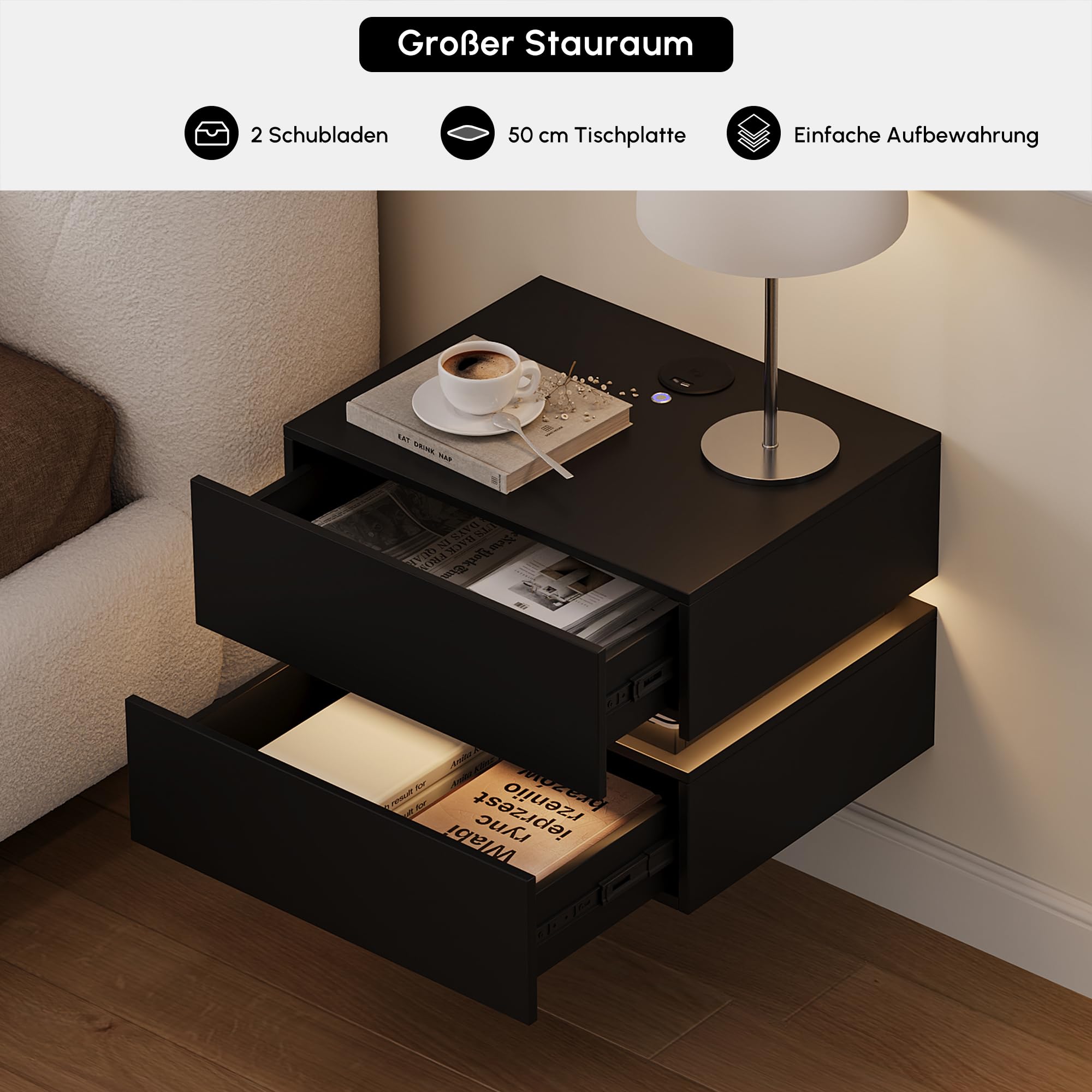 Homary Nachttisch 2er Set Schwebender Nachttisch mit 2 Schubladen, Lumio Nachttisch wandmontage mit LED-Beleuchtung und Ladestation, ideal als nachttisch hängend im Schlafzimmer in Schwarz, 2er Set