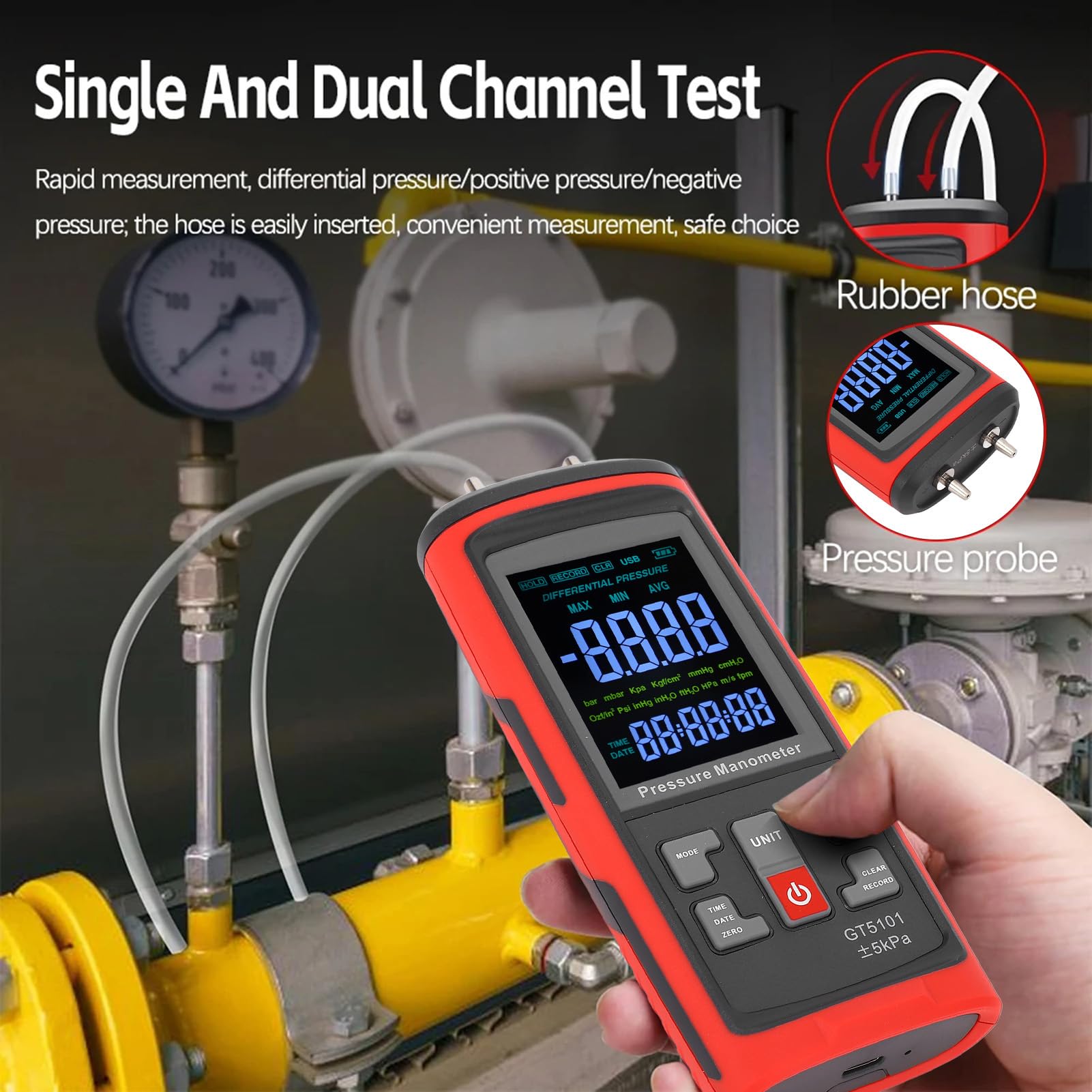 Fyearfly Medidor de Presión Diferencial ±5kPa, Pantalla LCD Retroiluminada Manómetro de Presión Digital de 2 Puertos Medidor de Presión de Gas, para Laboratorio, Sopladores, Salas Blancas