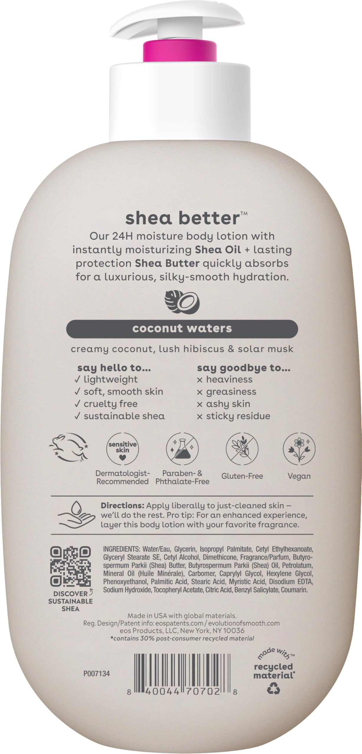 eos Shea Better Body Lotion Pomegranate Raspberry, 24-Hour Moisture Skin Care, Lightweight & Non-Greasy, Natural Shea, Vegan, 16 fl oz: Coconut Waters 16 Fl Oz (Pack of 1)