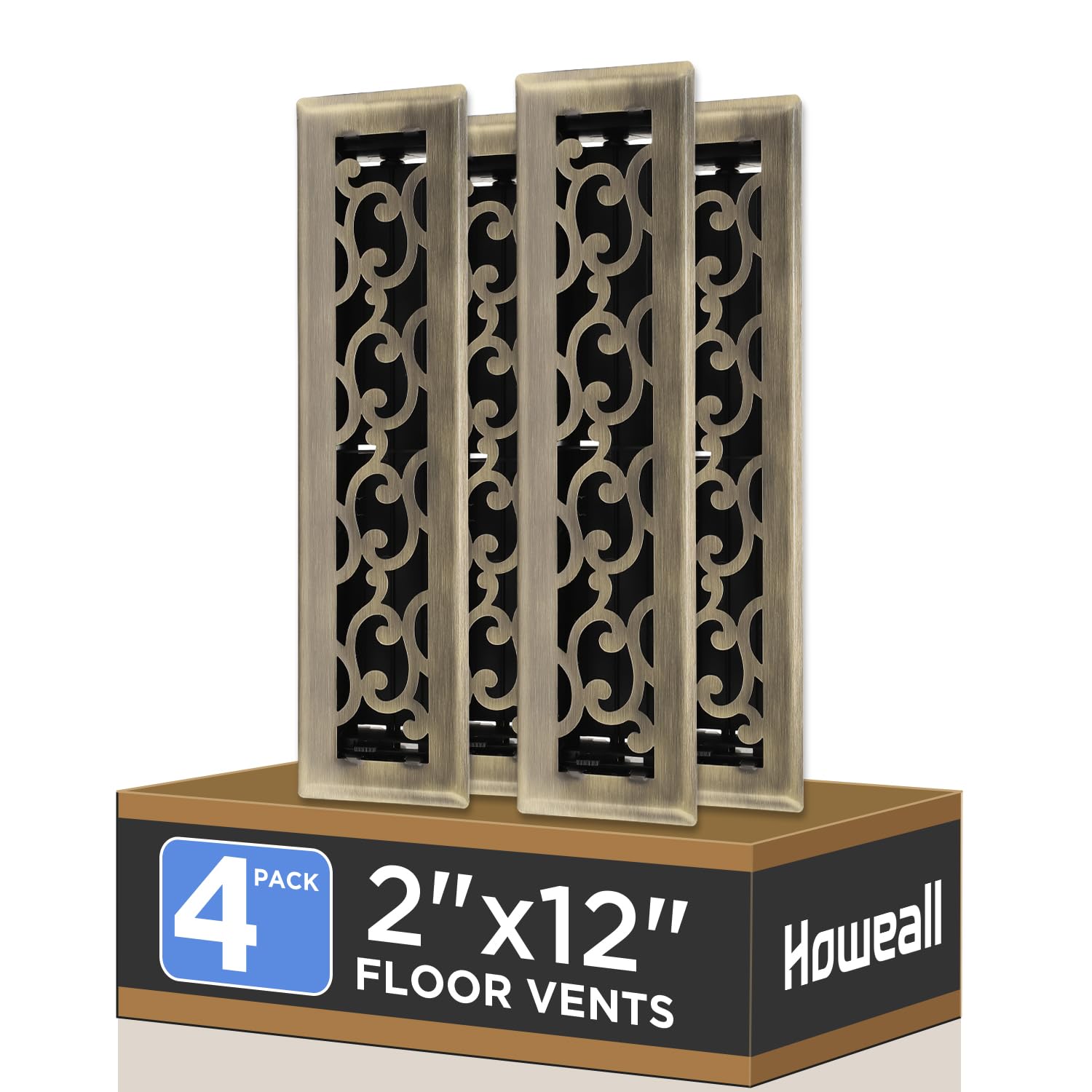 Howeall 2x12 Inches 4 Pack Heavy Duty Walkable Floor Register - Easy Adjust Air Supply Lever Decorative Floor Vent Covers, Savannah Design Vent Covers for Home - Antique Brass