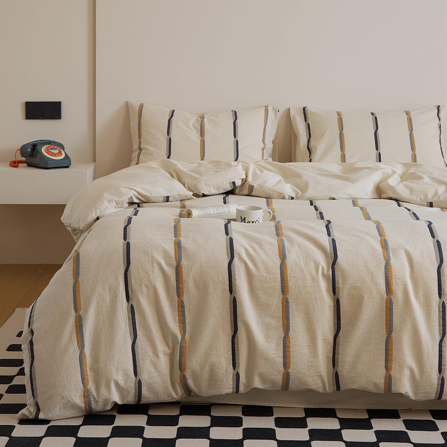 VM VOUGEMARKET Black Orange Striped Duvet Cover Set Yarn-Dyed Cotton Linen Like Textured Bedding Set Jacquard Stripes Duvet Cover with 2 Pillowcase-Queen,90"x90"