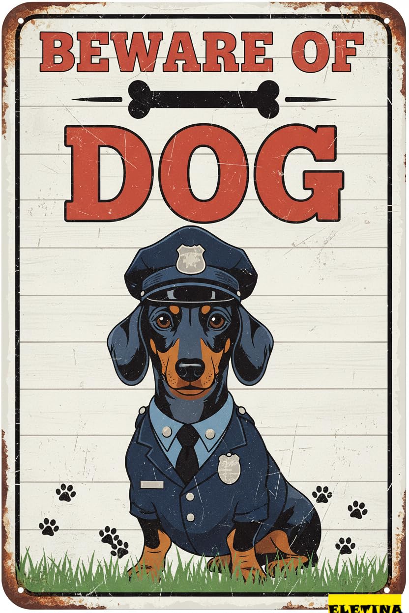 Funny Guard Dog Beware Tin Sign, 8x12 Inch Garage Decor