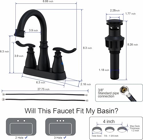 Miniatura 6 de STESSO Grifo de lavabo de baño de 4 pulgadas, grifo de baño negro mate de 3 agujeros, 2 modos de salida de agua, boquilla giratoria extraíble de 360