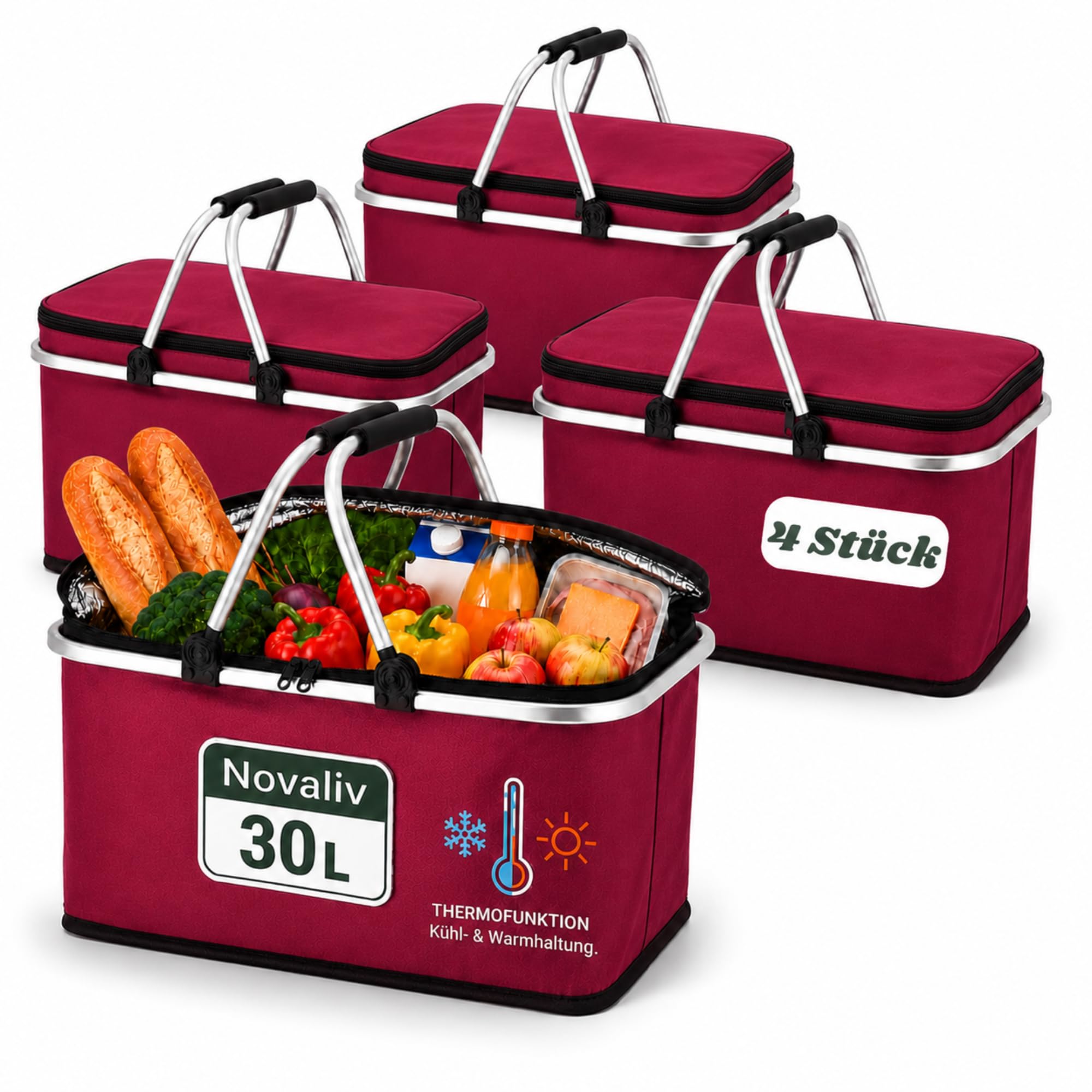 Novaliv Cesta de la compra plegable con función de refrigeración, 30 litros, borgoña, 4x 30 Liter
