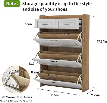 Large Shoe Cabinet for Entryway,Slim Hidden Shoe Storage Cabinet with 3 Flip Deep Drawers,2 Storage Drawers,Shoe Rack Cabinet,Narrow Shoe Orginazer Cabinet
