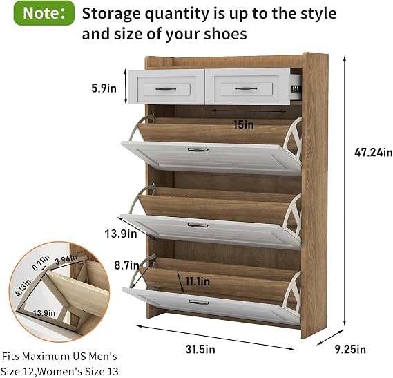 Large Shoe Cabinet for Entryway,Slim Hidden Shoe Storage Cabinet with 3 Flip Deep Drawers,2 Storage Drawers,Shoe Rack Cabinet,Narrow Shoe Orginazer Cabinet