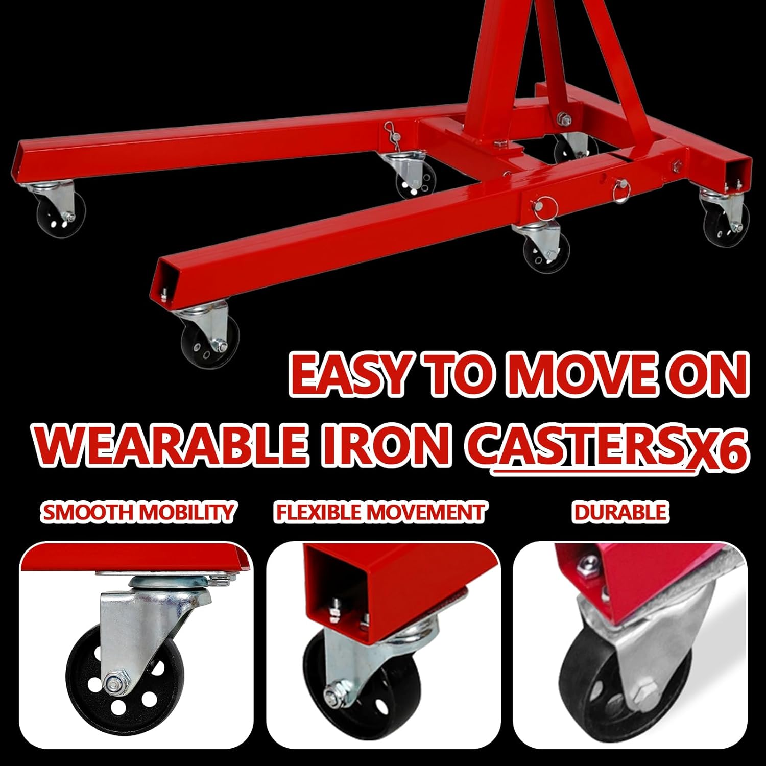 HRVEOCEI Engine Stand 2000LBS, 360° Rotating Motor Stand with H-Base & 6 Casters, Heavy-Duty Steel Engine Stands with Adjustable Arms for Car/Motorcycle Engines, Folding (Red)