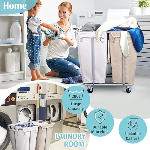 Miniatura 4 de PLKOW Carrito de lavandería con ruedas, clasificador de lavandería grande de 280 litros, 2 secciones para comercialhogar, carrito de lavandería con