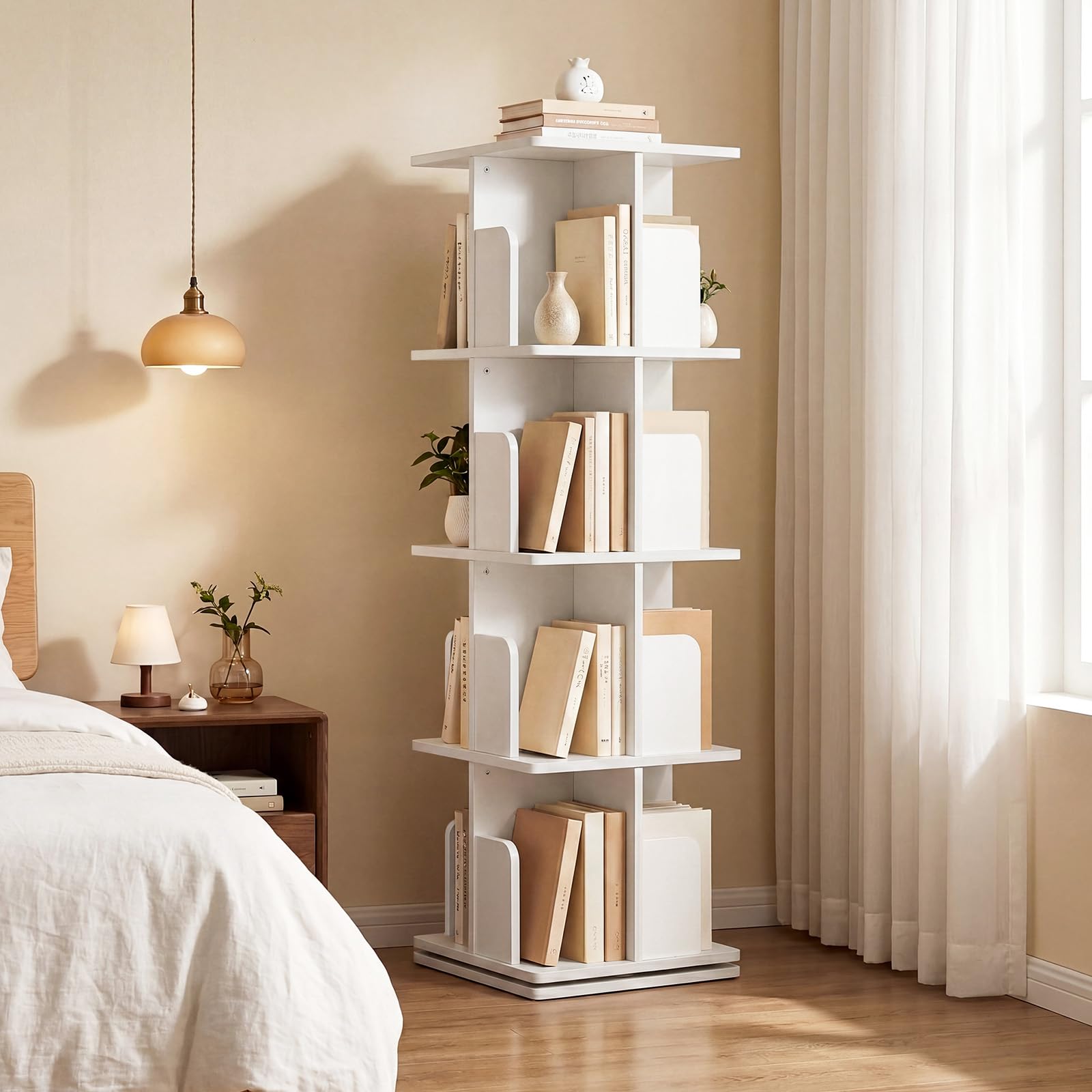 Nordivale Drehbares Bücherregal 360° Frei, Bücherregal Drehbar Weiß, Bücherregal Kinder, für Wohnzimmer, Arbeitszimmer, Büro, als Raumteiler, 4 Ebenen