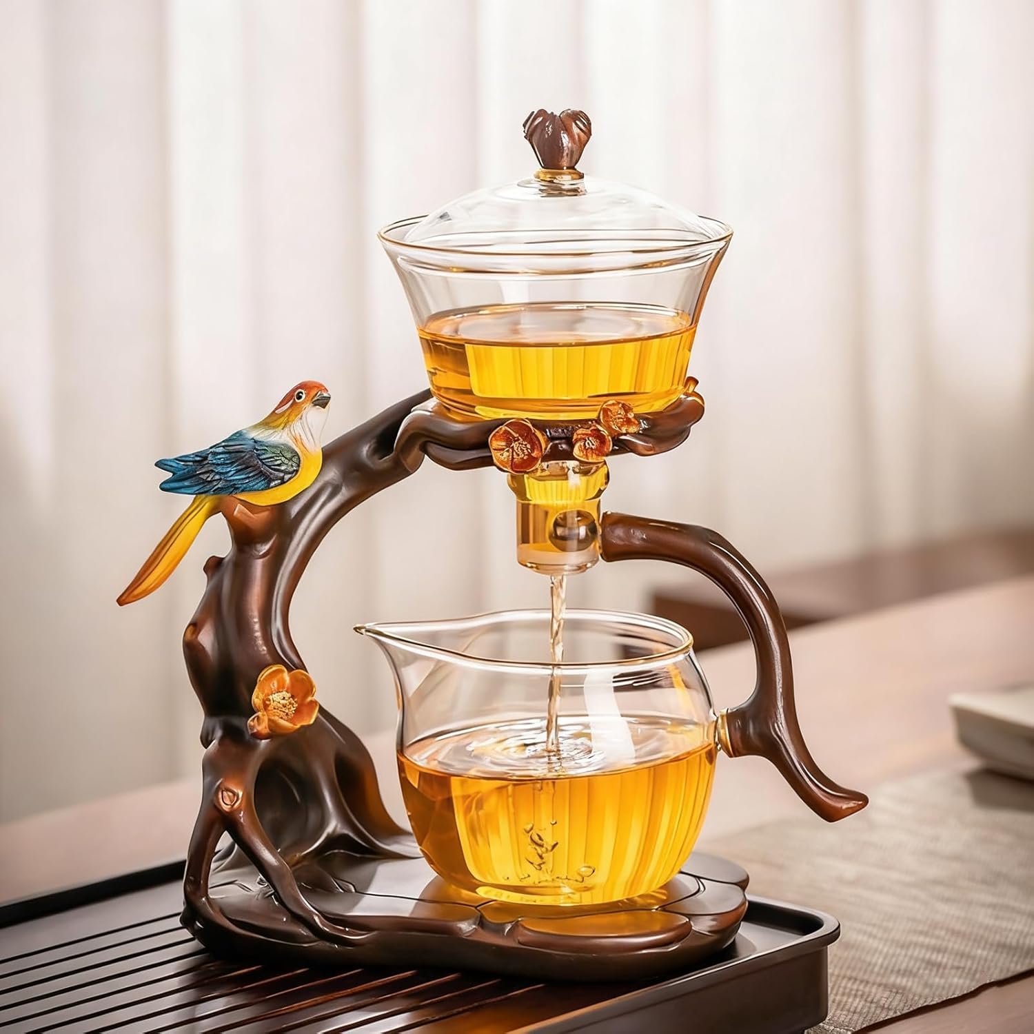 Lazy Kungfu Glass Tea Set Heat Resistant Semi Automatic Drip Rotating with Infuser Magnetic Teapot Set for Gongfu Tea Making Ideal (Bird)