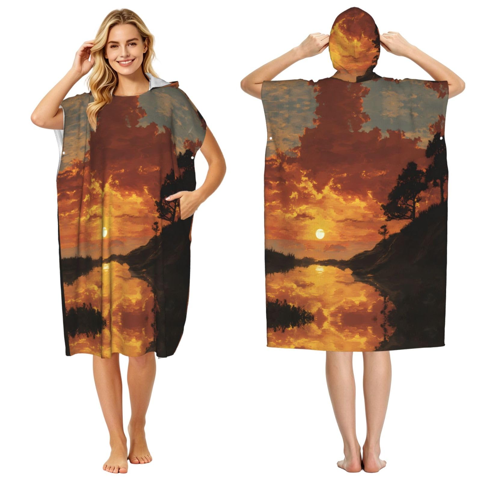 ESNAIUVCD Sunrise Print Changing Robe, Hooded Towel Poncho For Swimming Pool, Beach,Quick Dry Light Weight Towelling Poncho