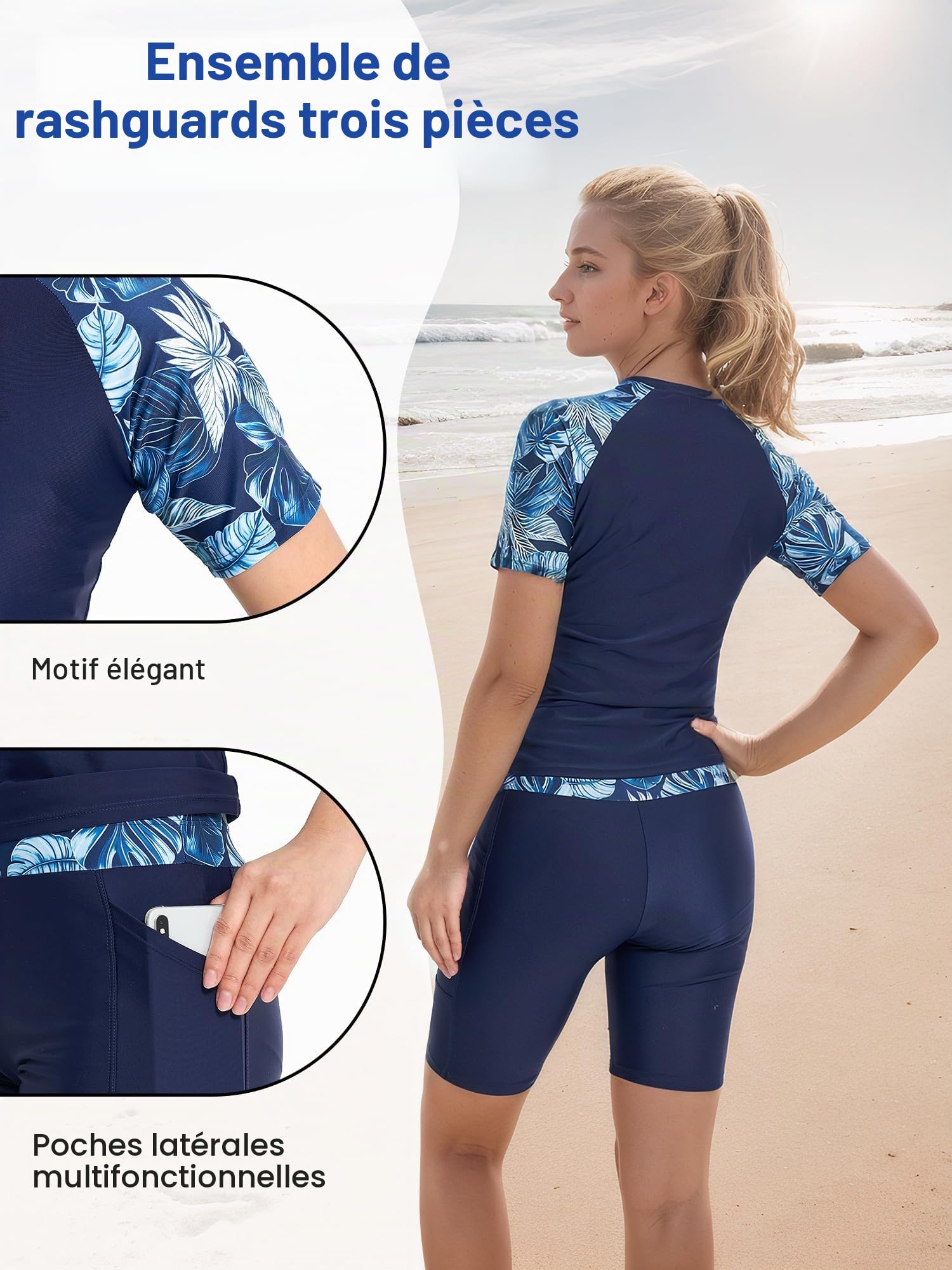 Owntop Maillot de bain 3 pièces Rashguard UPF50+ UV pour femme | Rashguard à manches courtes, haut de bikini et short taille haute | maillots de bain modestes | natation surf, bleu, XXL