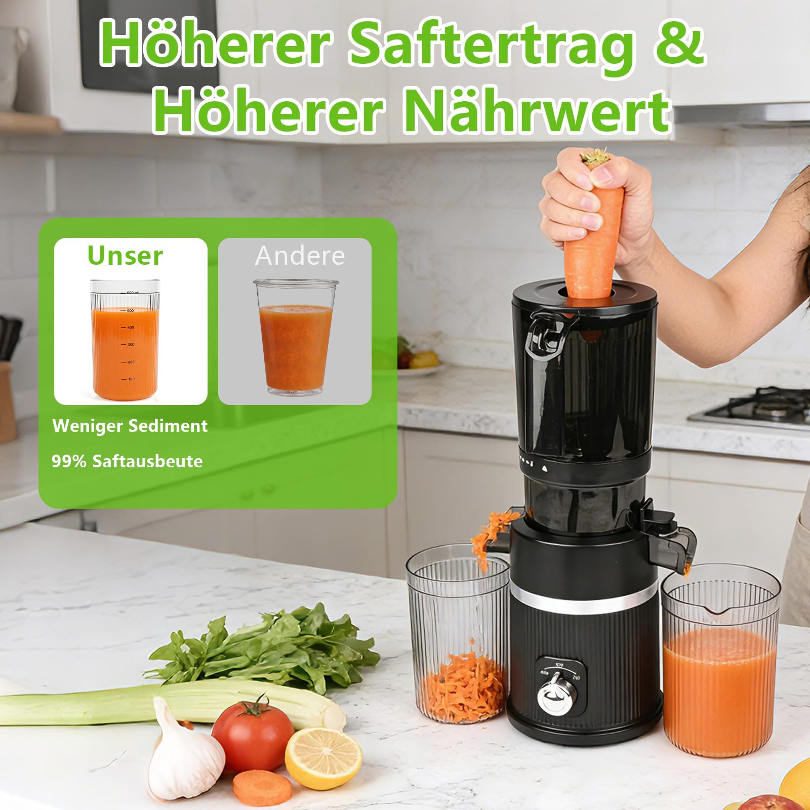 Entsafter Slow juicer 200W mit 112 mm Großem Einfüllschacht für Ganze Gemüse und Obst, Entsafter Gemüse und Obst Testsieger,BPA-Frei, Leicht zu Reinigen,Saftpresse Schwarz