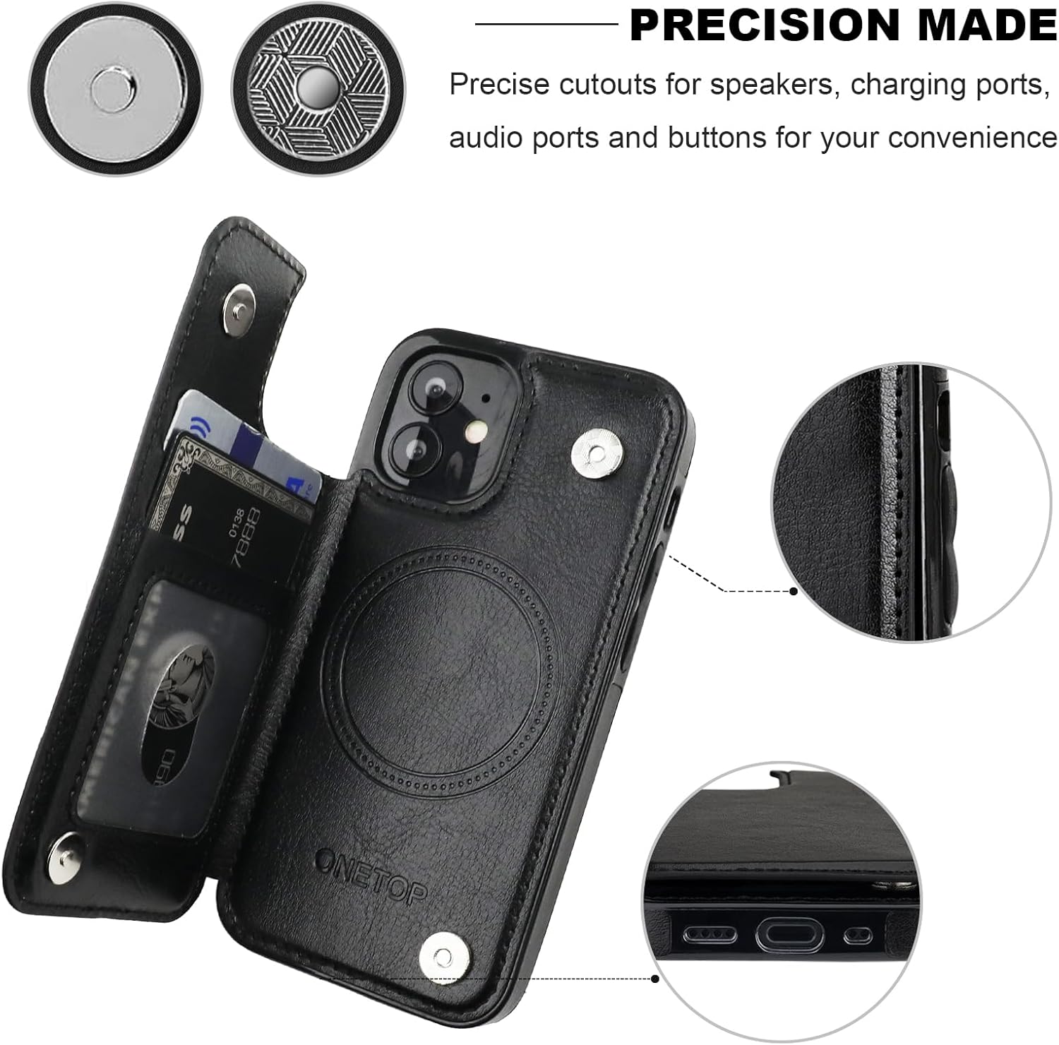 ONETOP Compatible with Magsafe for iPhone 12 Mini Wallet Case with Card Holder, PU Leather Kickstand RFID Blocking Case, Double Magnetic Clasp and Durable Shockproof Cover 5.4 Inch (Black) - Image 9