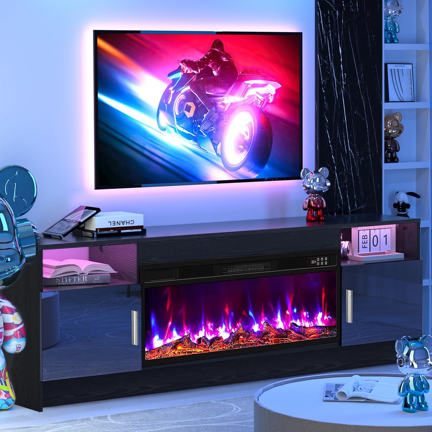 Kucreiheat Black TV Stand with Fireplace, Led Lights-Entertainment Center for Up to 80 inch TV-Modern TV Console for Living Room with Storage Cabinet, Faux Log Fireplace TV Stand