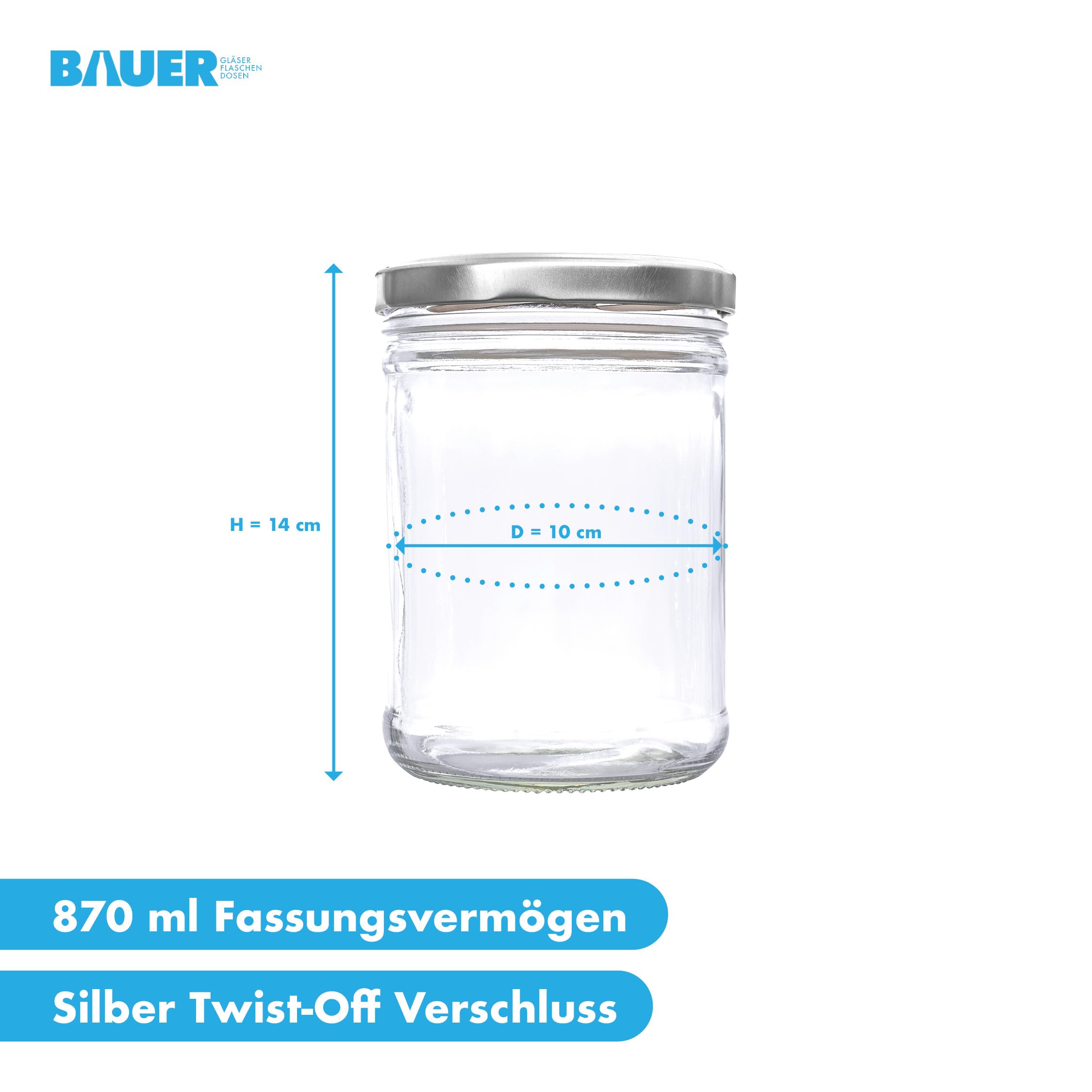 flaschenbauer.de - Tarros rectos (870 ml, con tapas Twist-Off TO100 plateados, 96 unidades, ideal para conservas, sopas y alimentos para bebés