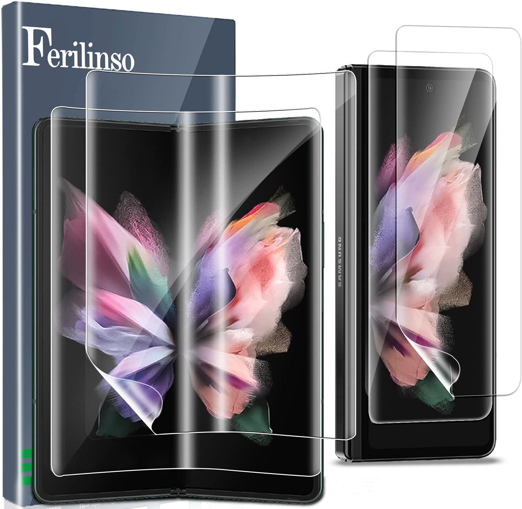 Ferilinso Designed for Samsung Galaxy Z Fold 3 5G Flexible TPU Screen Protector 2 Pack Front with 2 Pack Inside, Support Fingerprint Unlock, Case Friendly, Bubble Free, High Definition, Anti-Scratch