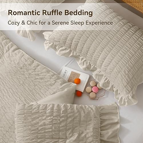 Miniatura 99 de JOLLYVOGUE - Juego de edredón tamaño queen, de 3 piezas, estilo seersucker, ligero y esponjoso para todas las estaciones, con 1 edredón con volantes