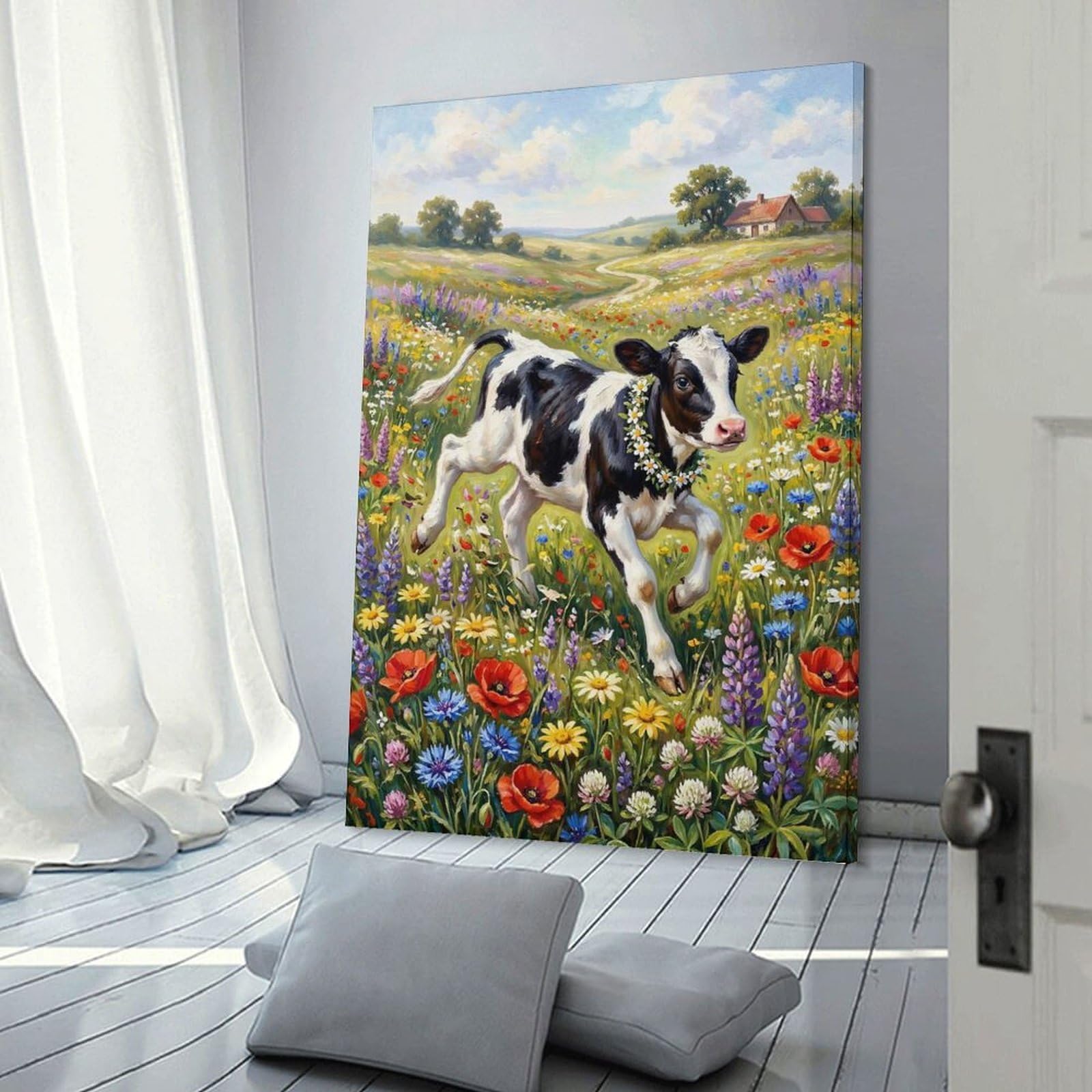Junmoney Canvas Art Print Cow in A Field of Flowers, 24x36inch(60x90cm), for Feature Walls in Flats Or Modern Rooms, Wall Decor Suited to Curated Displays