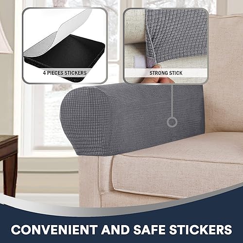 Miniatura 5 de Juego de 2 fundas elásticas para brazos de sofá de jacquard de elastano, antideslizantes, con adhesivo, protector de reposabrazos para muebles, para