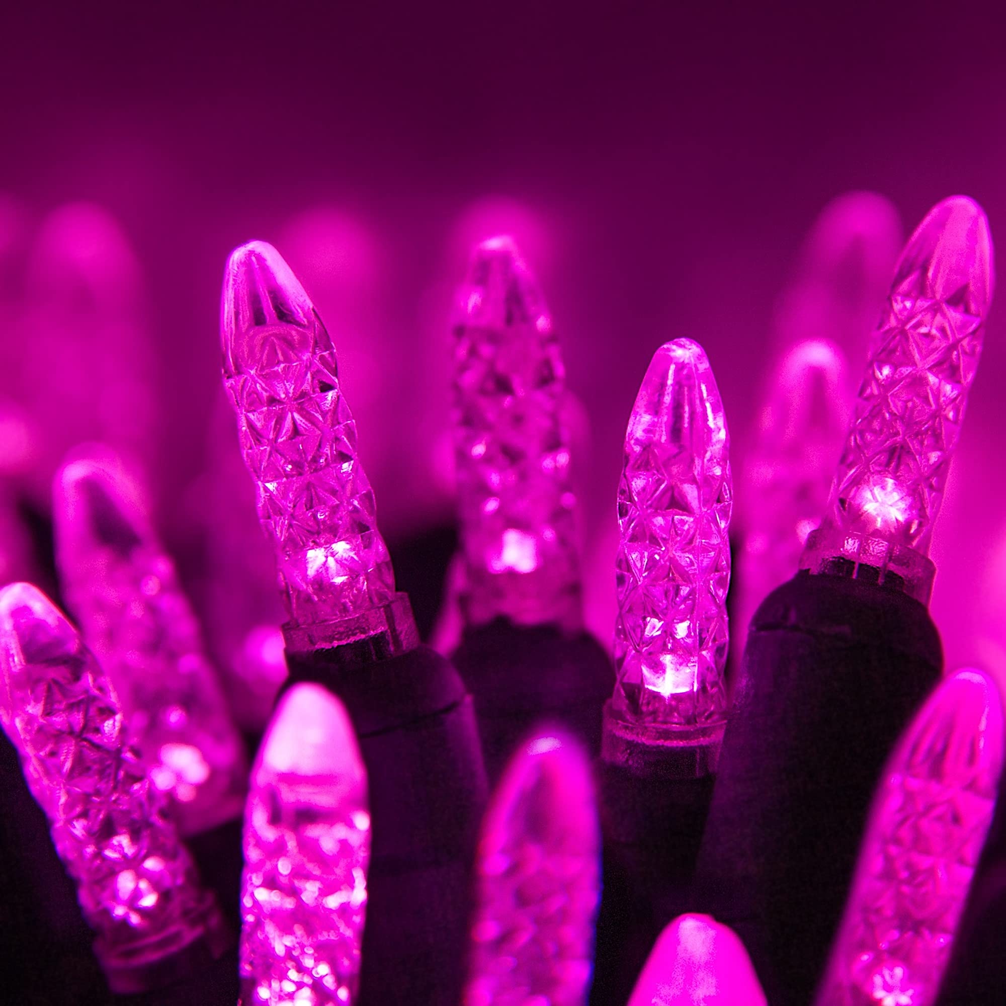 M5 LED Mini Ice Pink Prelamped Light Set, Green Wire - 70 M5 Pink LED Christmas Lights, 4" Spacing