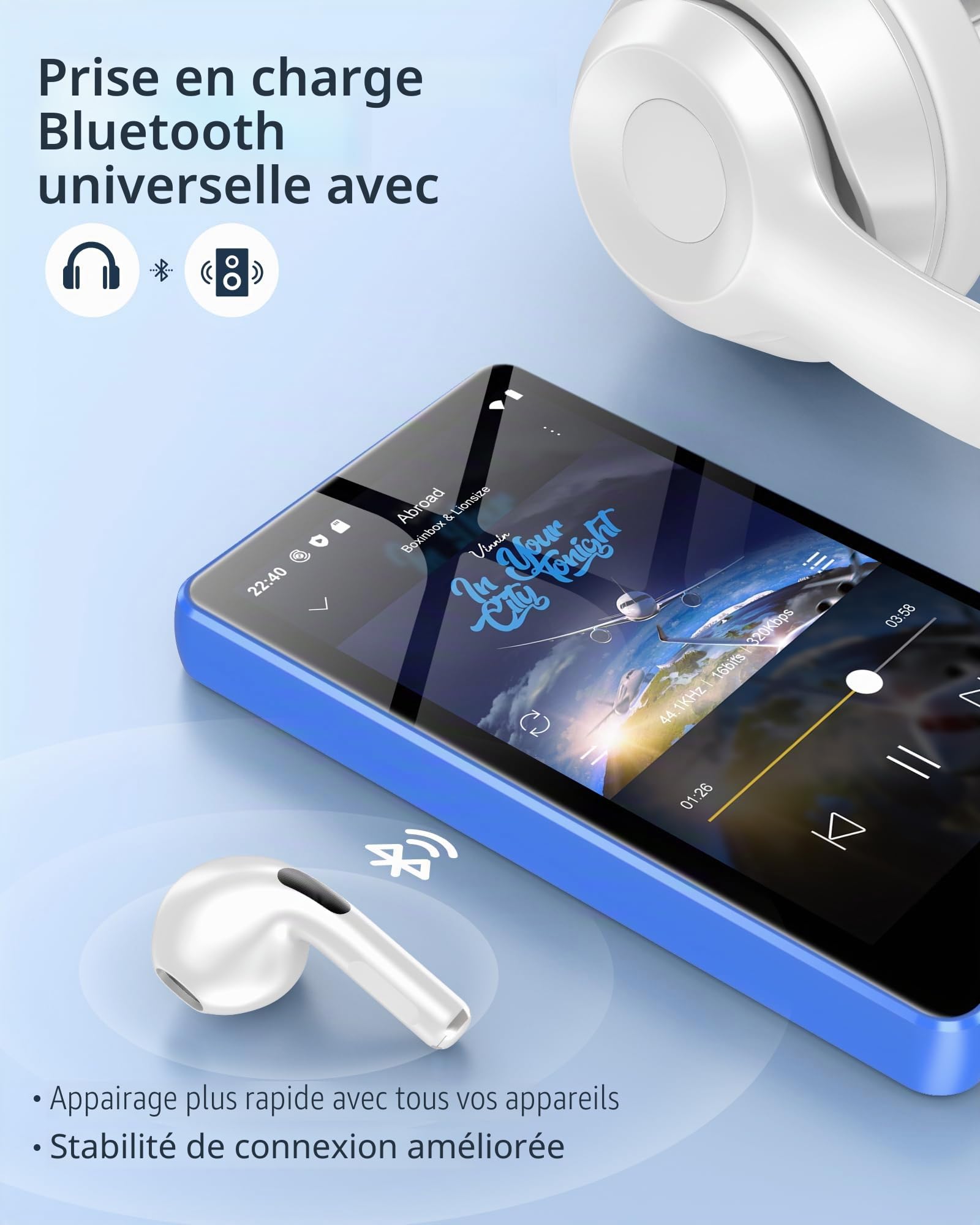 Lecteur MP3 Bluetooth et Wi-FI, Lecteur MP4 à Écran Tactile 4 Pouces | 80 Go Lecteur MP3 Spotify Extensible à 512 Go, avec Android, Amazon Music, Radio FM, Dictaphone, eBook, Bleu