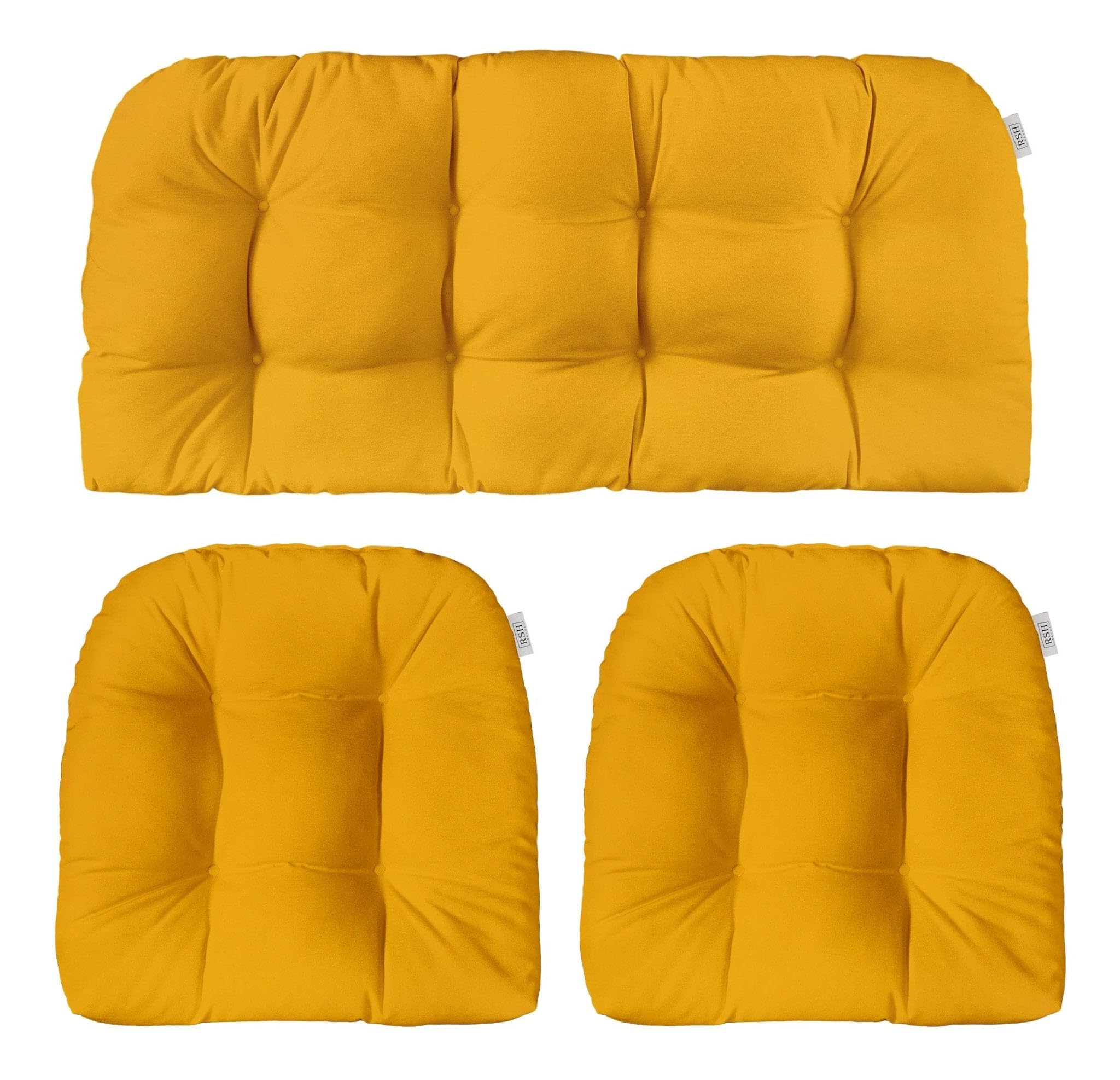 RSH DECOR Sunbrella 3 Piece Wicker Tufted Loveseat Set, Outdoor Pillows & Outdoor Chair Cushions, Patio Loveseat 41"x19" & 2-19"x19" U-Shaped, Canvas