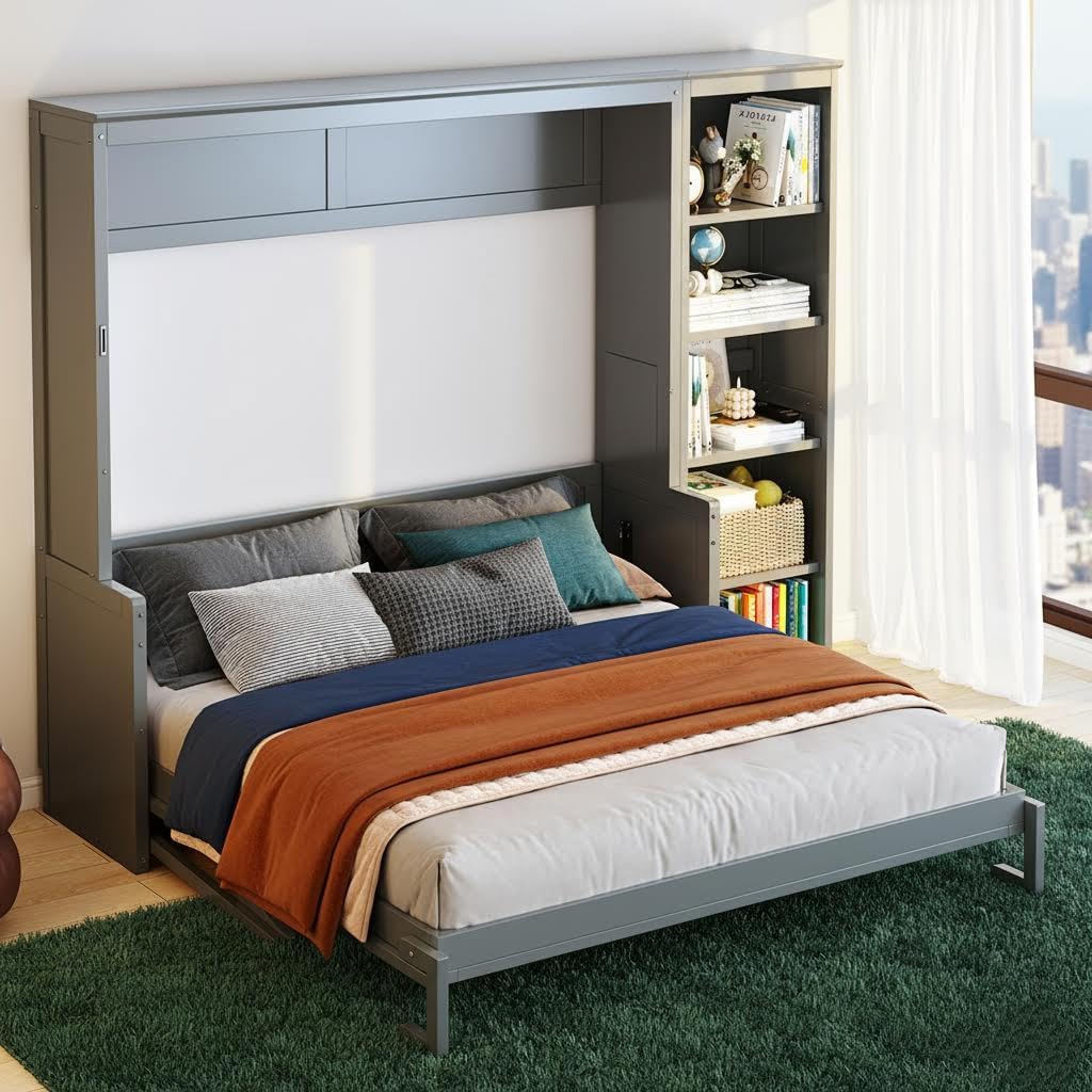 LUMISOL Queen Size Murphy Bed with Desk, LED Lights and USB Charging Station, Solid Wood Wall Bed Cabinet with Storage, Queen Foldable Wall Bed Frame with Desk for Guest Room Office, Gray