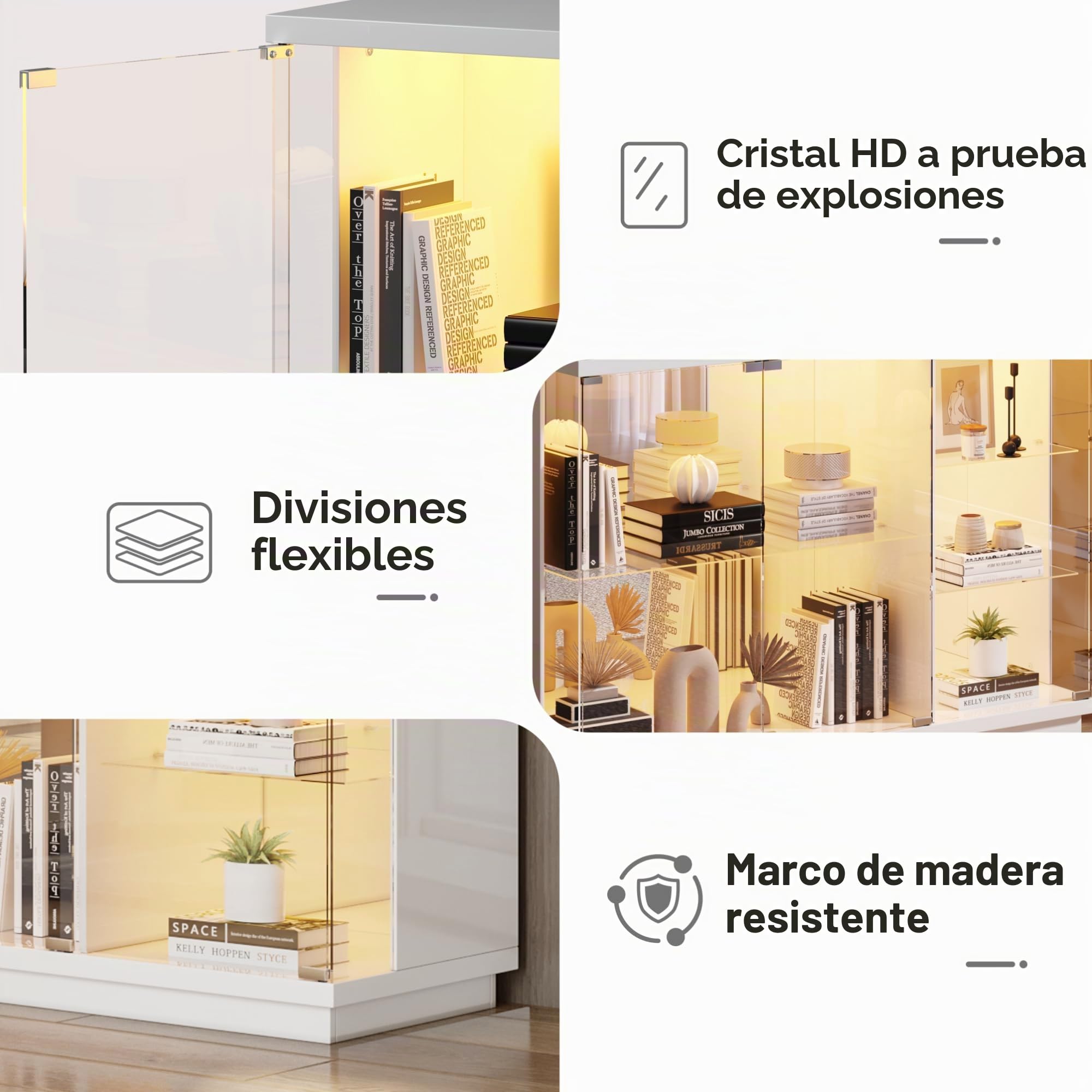 Lvifur Vitrina de cristal con iluminación LED y puertas de cristal, armario de vitrina de cristal, gabinete con sensor inteligente, vitrina de madera de 3 capas, resistente al polvo para salón