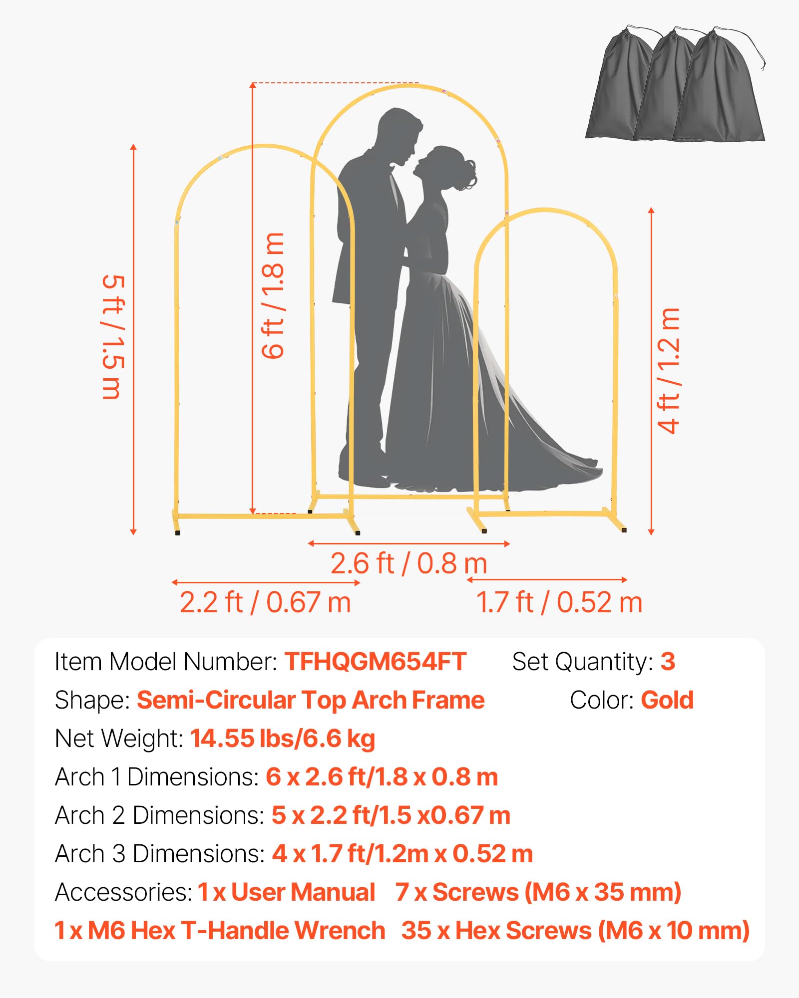 VEVOR Soporte de Arco para Fondo de 1,8/1,5/1,2 m, Estructura Estable, Soporte de Arco de Metal Dorado para Decoración de Bodas, Fiestas de Cumpleaños, Graduaciones, Celebraciones y Ceremonias