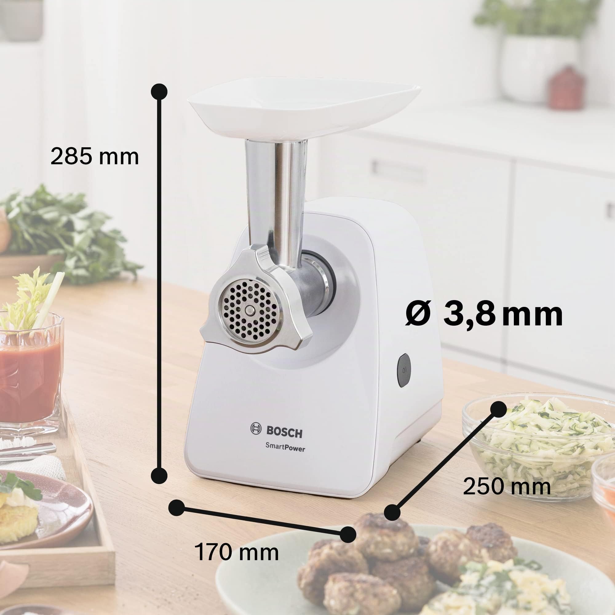 Bosch MFW2500W SmartPower - Picadora de carne, discos de acero inoxidable, 350 W, color blanco