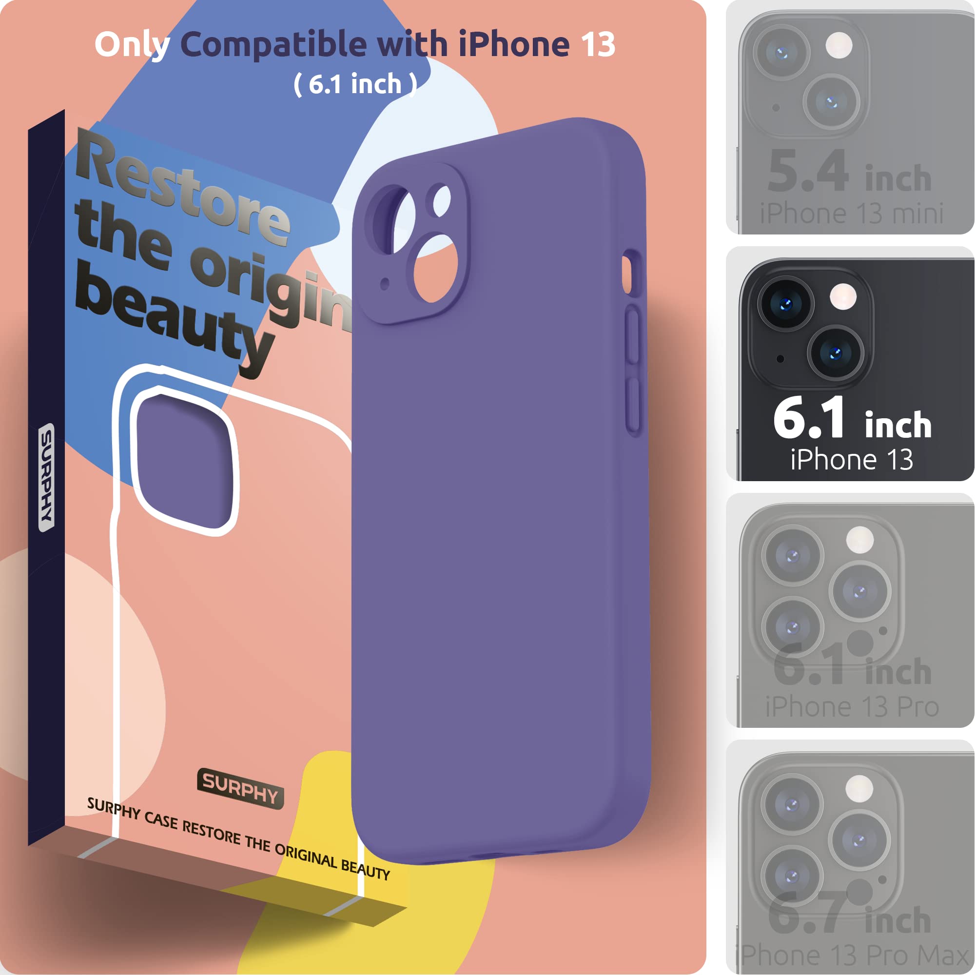 SURPHY Cover per iPhone 13 con Vetro Temperato (6,1"), Custodia per iphone 13 Silicone con Protezione Fotocamera, case protezione Completa,Antiurto, Morbida Microfibra Antigraffio(viola scuro)