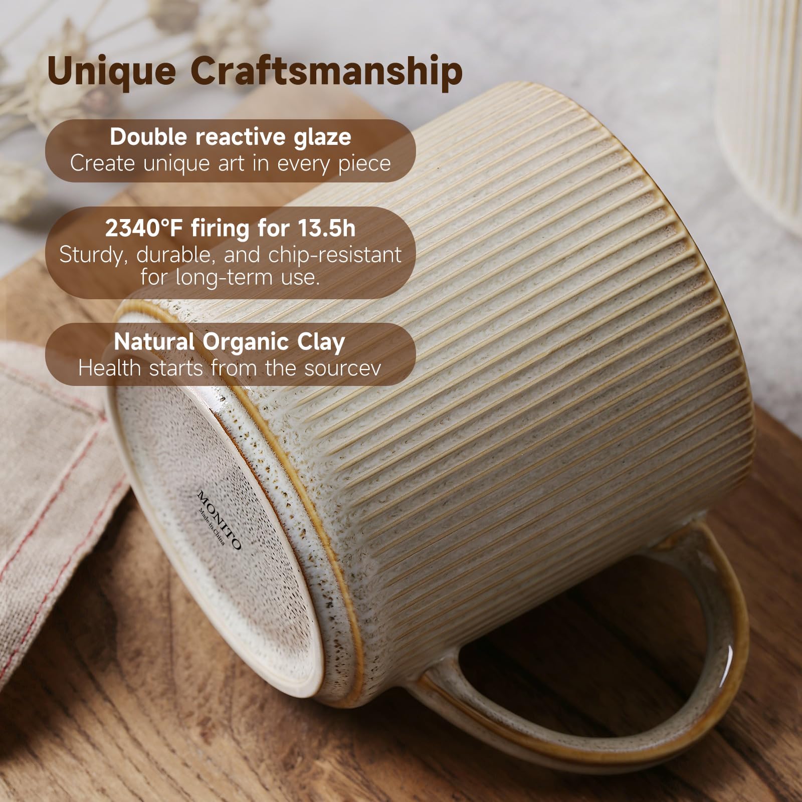 MONITO Juego de 4 tazas de café de 16 onzas, tazas de café de cerámica con asas grandes, adecuadas para latte, té caliente, capuchinos, moca y cacao, beige bonbon