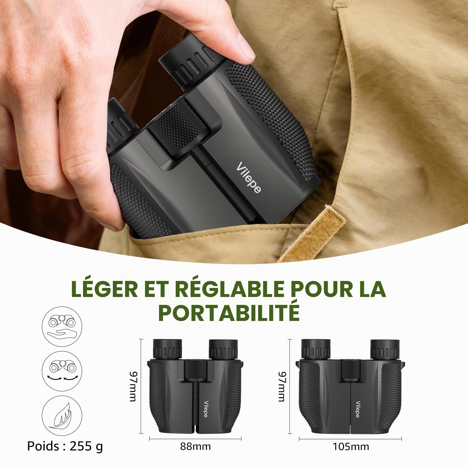 Mini Jumelles compactes Portables 10 x 25 - Lumière Faible Claire et Pliable - Idéales pour Les activités de Plein air telles Que la randonnée et l'observation des Animaux pour Adultes et