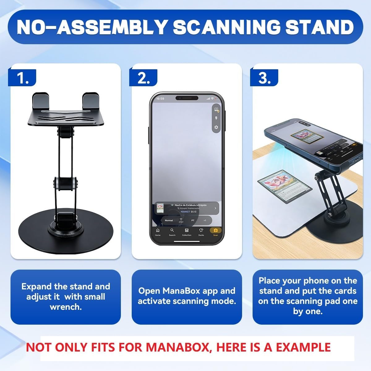 Foldable MTG Trading Card Scanner Stand - Universal Sports and Games Card Scanner Set lncluding Phone Holder, Scanning Pad & 50 Card Sleeves for Quickly Scanning and Price Check
