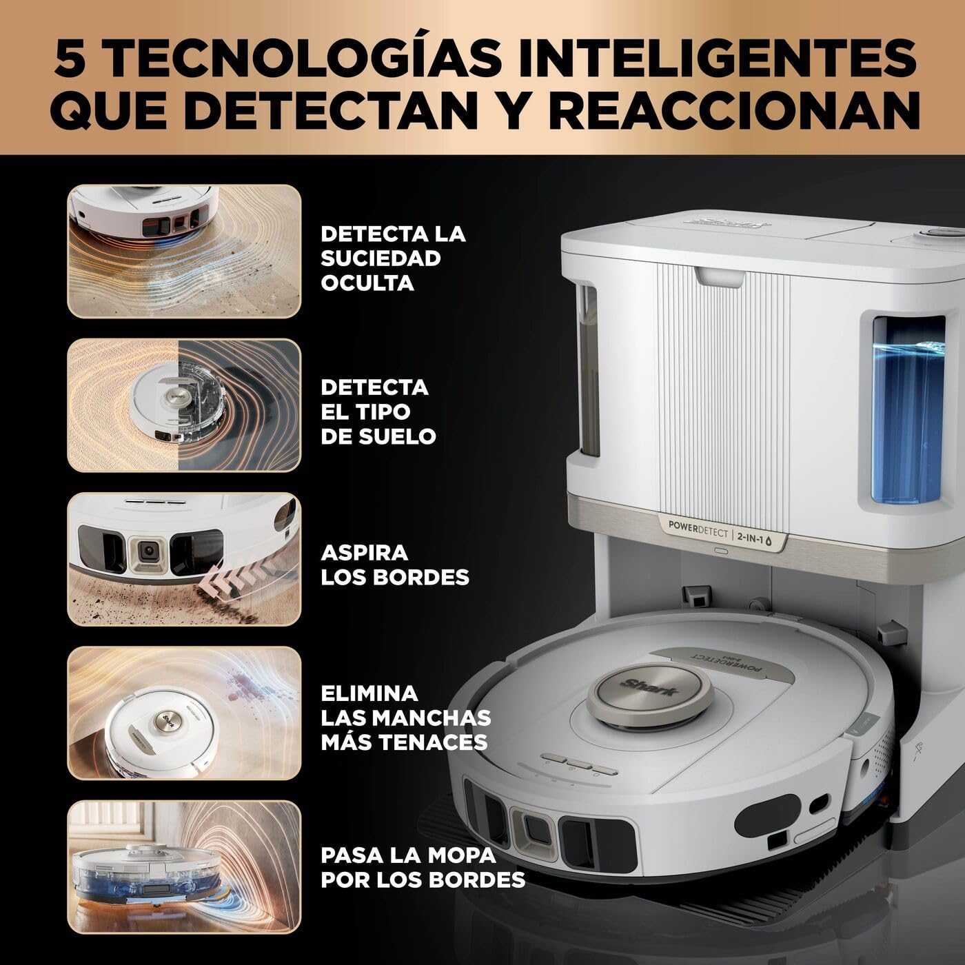 Shark PowerDetect, Robot Aspirador y Mopa 2 en 1, Blanco, AV2800ZEEUWH | Base NeverTouch Pro con Limpieza, Carga y Vaciado Automáticos, 60 Días, Navegación 3D y LiDAR, NeverStuck, Wifi/app