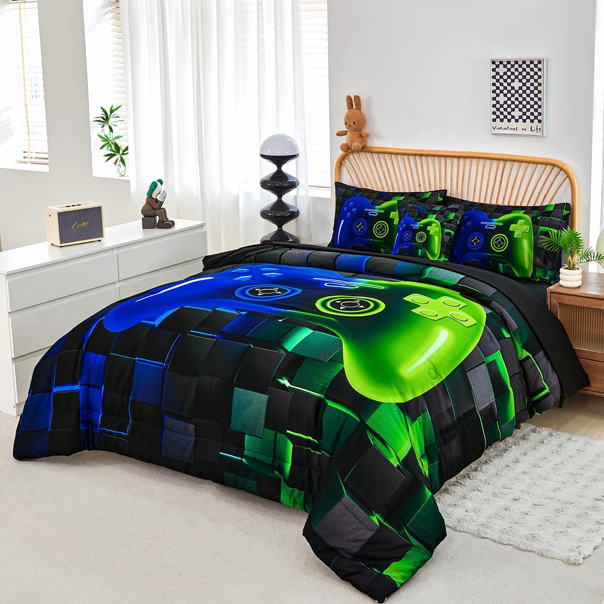 PERFEMET 6-Piece Game Twin Comforter Set for Kids Blue and Green Boys Gaming Bed in a Bag with Sheets Soft 3D Cool Fluffy Video Game Console Bedding Set for Girls Teen(Blue Green, Twin) - Image 2