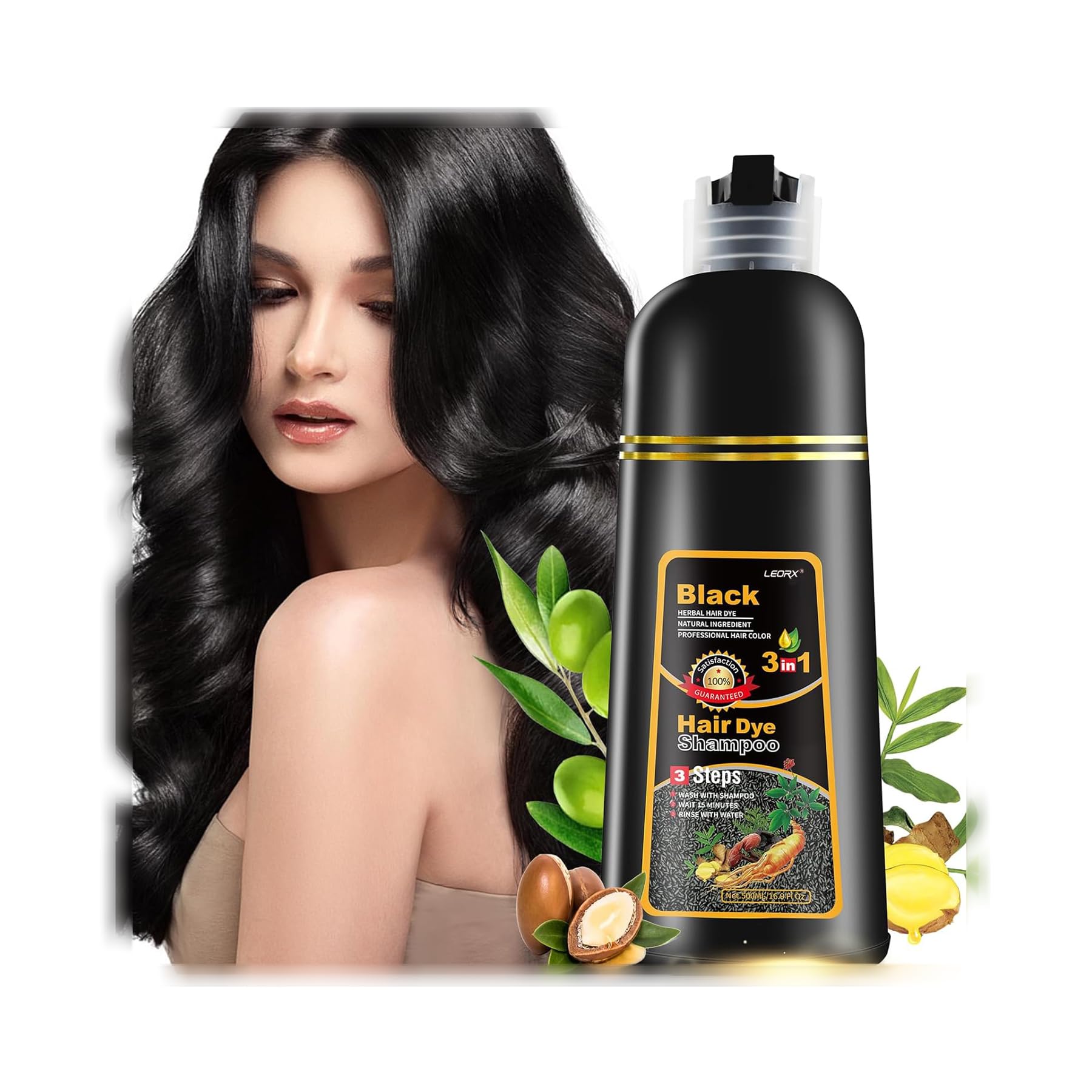leorx Black Hair Dye Shampoo, 3 In 1 Black Color Shampoo Hair Dye For Gray Hair Instant Herbal Coloring Shampoo For Women & Men - Ammonia Free - Tintes Para El Cabello