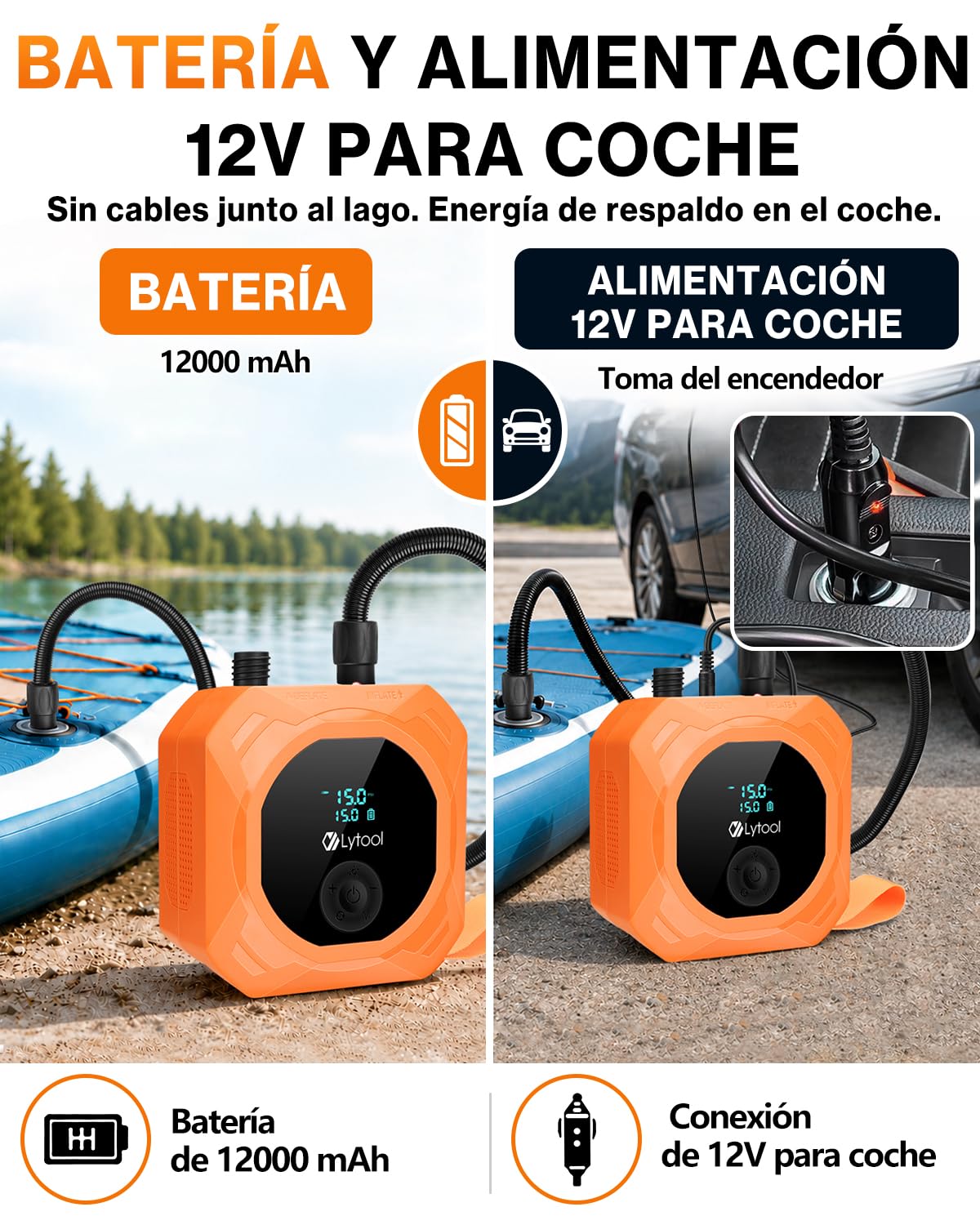 Lytool 50PSI Bomba de Aire Inteligente para Sup, 12000mAh Batería Recargable y Inflado/Desinflado Inteligente, Apagado Automático, Ideal para Tablas de Paddle, Cometas, Tiendas de Campaña y Colchones