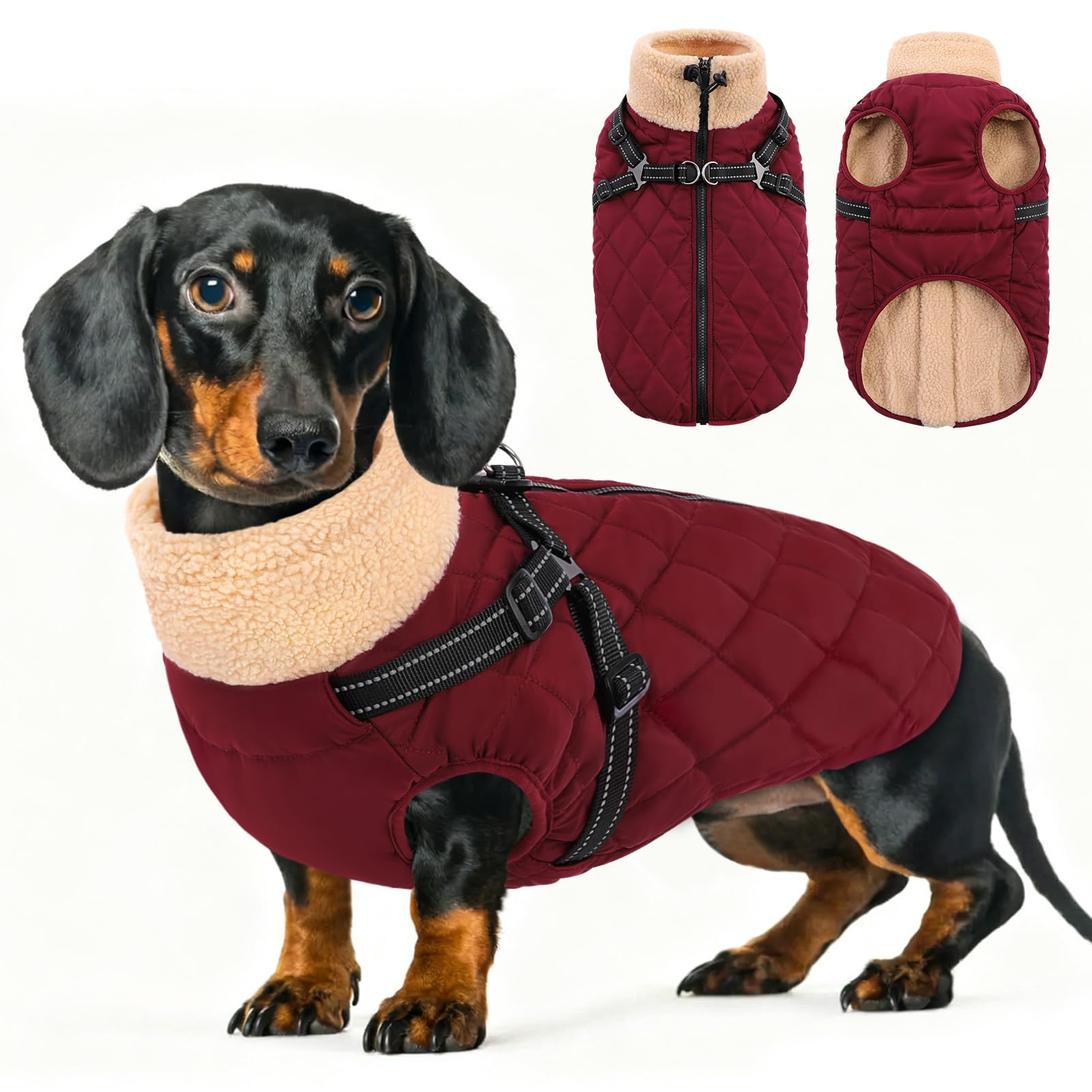 Queenmore Waterproof Small Dog Coat with Built-in Harness - Adjustable High Neck Fleece Lined Jacket for Dachshund/Cockapoo - Quilted Winter Warm Outdoor& Easy Zipper(Burgundy, S) โ image 1