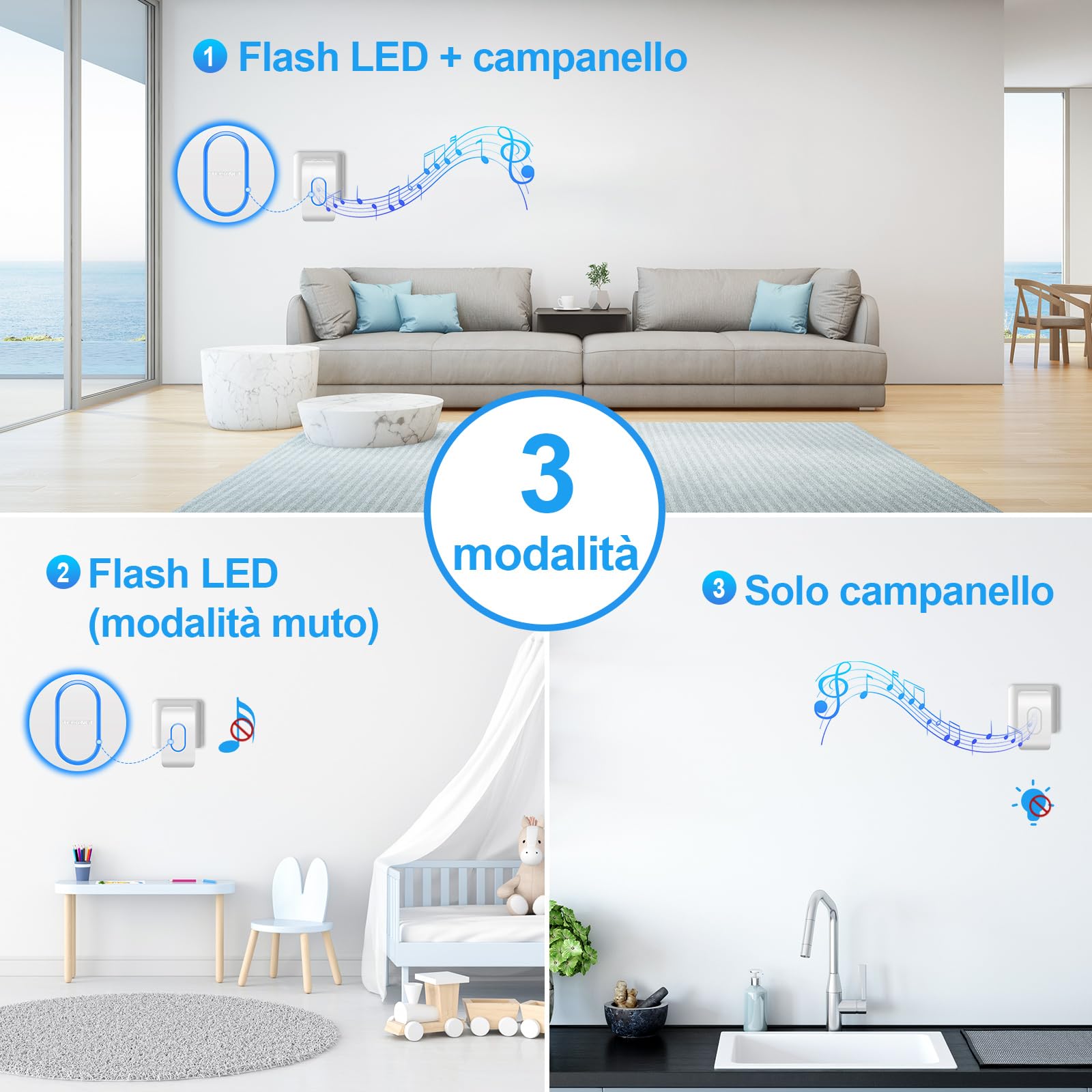 TECKNET Campanello Senza Fili, Portata 400m 60 Melodie e 5 Livelli di Volume Indicatori LED de Esterno IP65 Impermeabile Campanelli Wireless, Bianco, 1 Trasmettitore + 3 Ricevitori