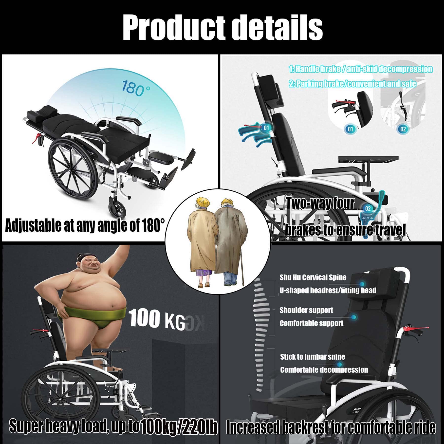 Silla de Ruedas reclinable Deportiva Liviana Silla de Transporte Plegable con Asiento de 18 Pulgadas reposapiés abatible Silla de Ruedas reclinable de 180 ° Silla de Ruedas para Adultos 24 "x 7"