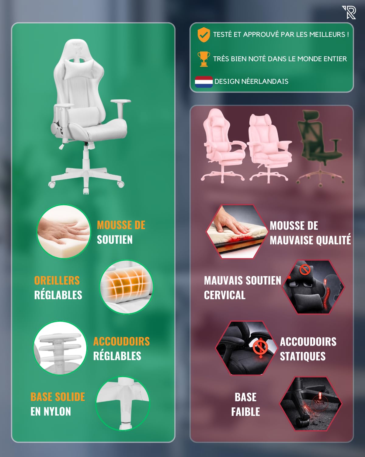Fauteuil Gaming Felix Ergonomique Style Racing en Similicuir Robuste avec Dossier Haut, Inclinaison Réglable, Coussins Amovibles pour Longues Sessions Et Grandes Tailles, Blanc