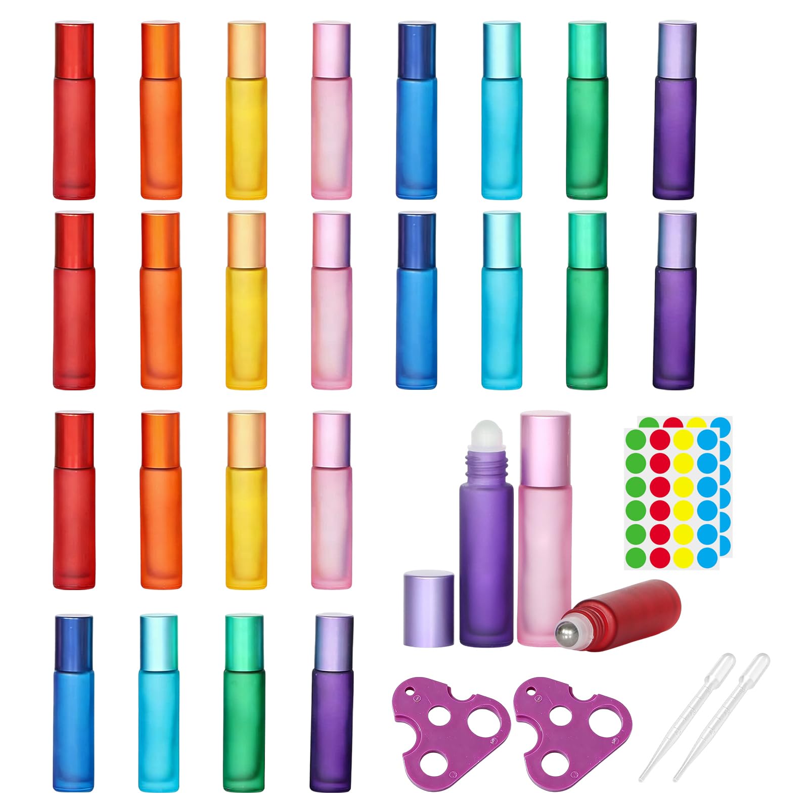 24 flacons roll-on en verre pour huiles essentielles, flacons roll-on colorés de 10ml vides avec compte-gouttes et ouvre-flacon, déodorant roll-on rechargeable pour huiles DIY gloss à lèvres et parfum