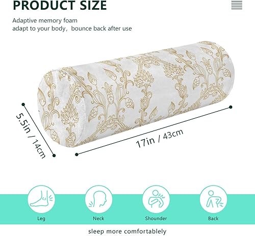 Miniatura 3 de Almohada cilíndrica para el cuello, almohada redonda de espuma viscoelástica para dormir, patrón floral beige con almohada estilizada con funda