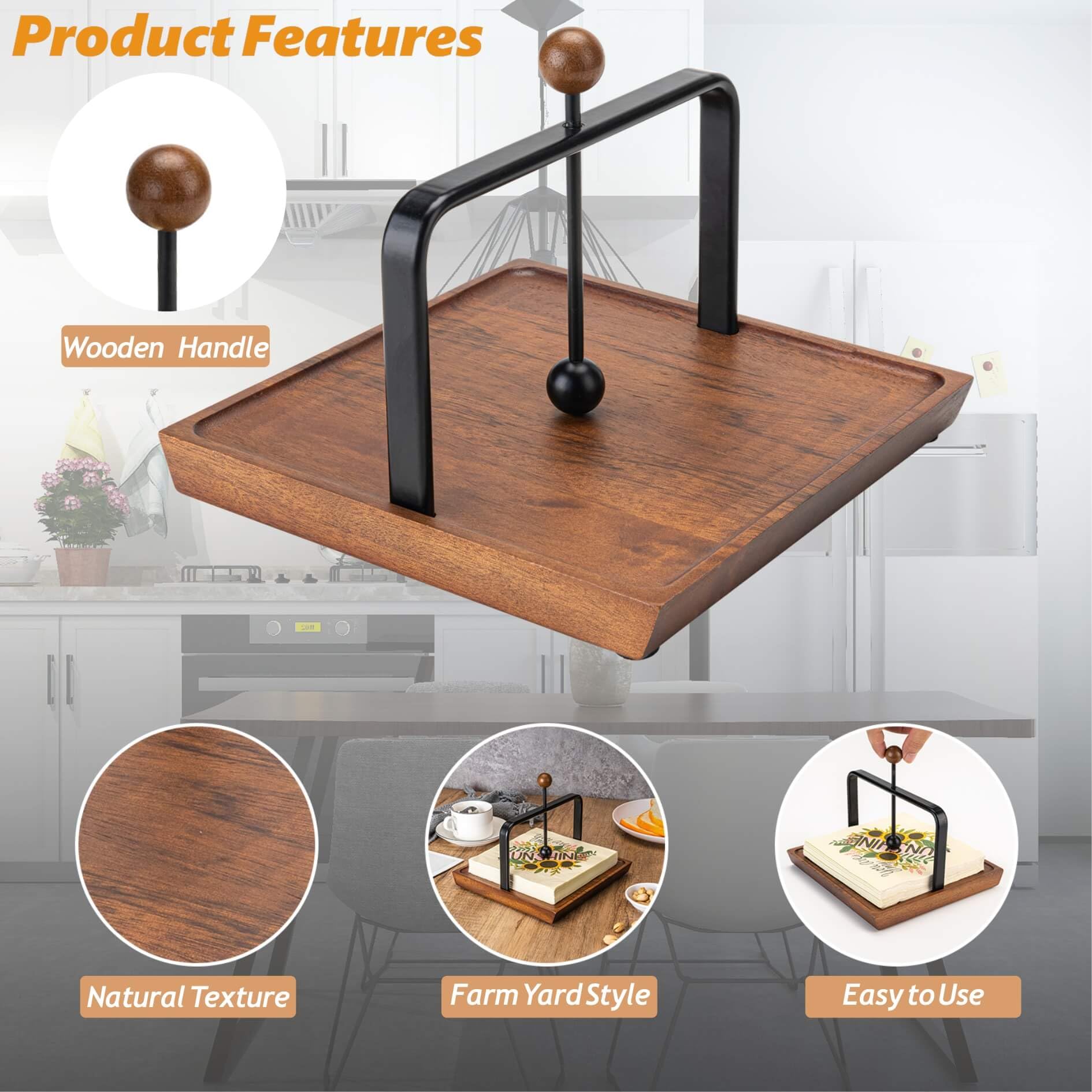 Servilletero para mesa, servilleteros de madera para servilletas de papel, servilletero de cóctel, servilletero plano de madera con brazo y asa para cocina, hotel, cafetería, bar
