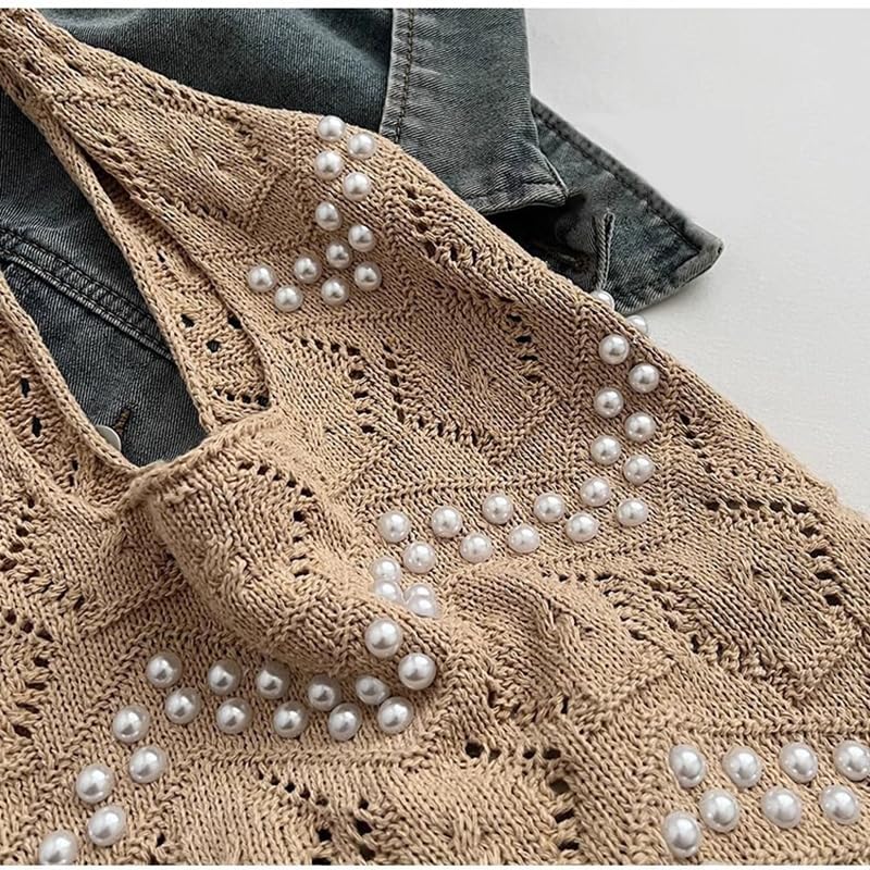 Boho Crochet Beach Tote Shoulder Bag with Colored Beads | Colorful Aesthetic Hippie Knit Bag for Women3