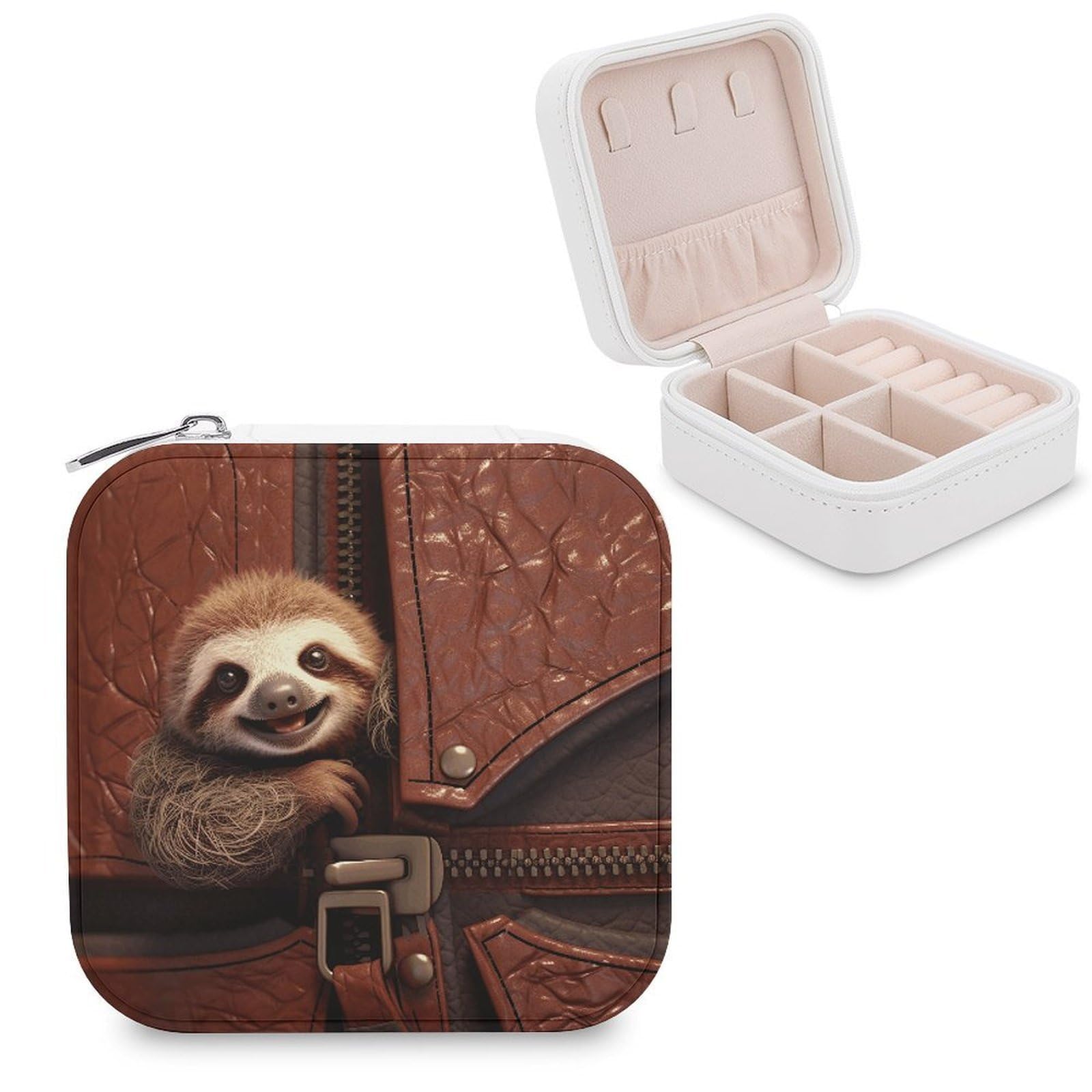 VstaDank Sloth on Zipper Travel Jewelry Case Zipper Portable Small Jewelry Box Custom Pu Leather Mini Traveling Jewelry Organizer for Rings Earrings Necklace Bracelet Girls Women