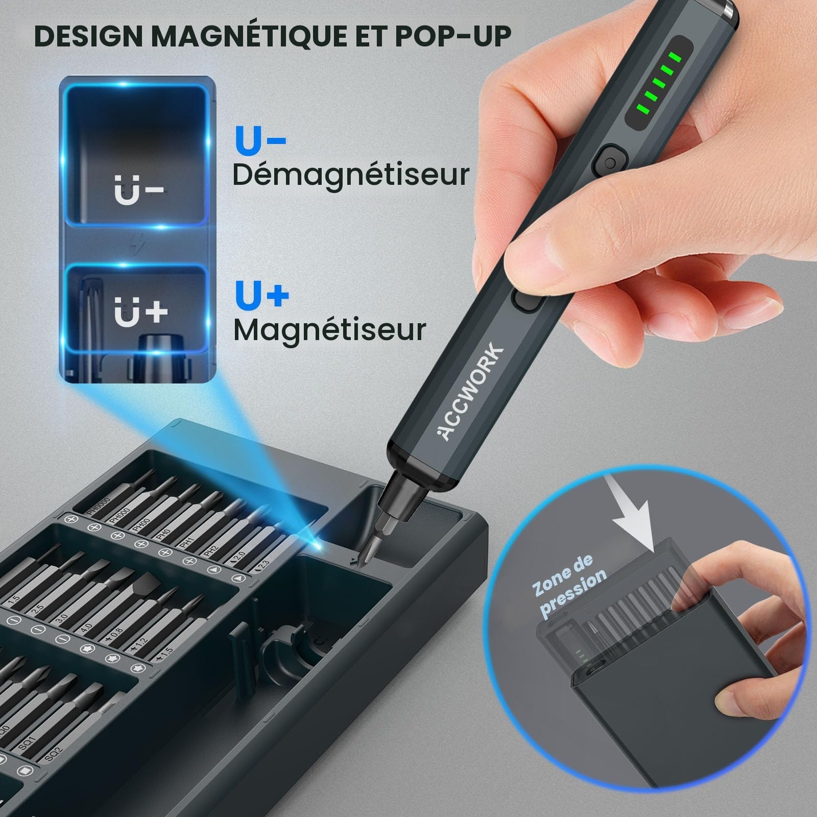 Accwork Tournevis électrique de précision 68 en 1 - Avec 64 embouts magnétiques S2-5 vitesses - Écran LED magnétique - Pour ordinateur portable, lunettes, montres